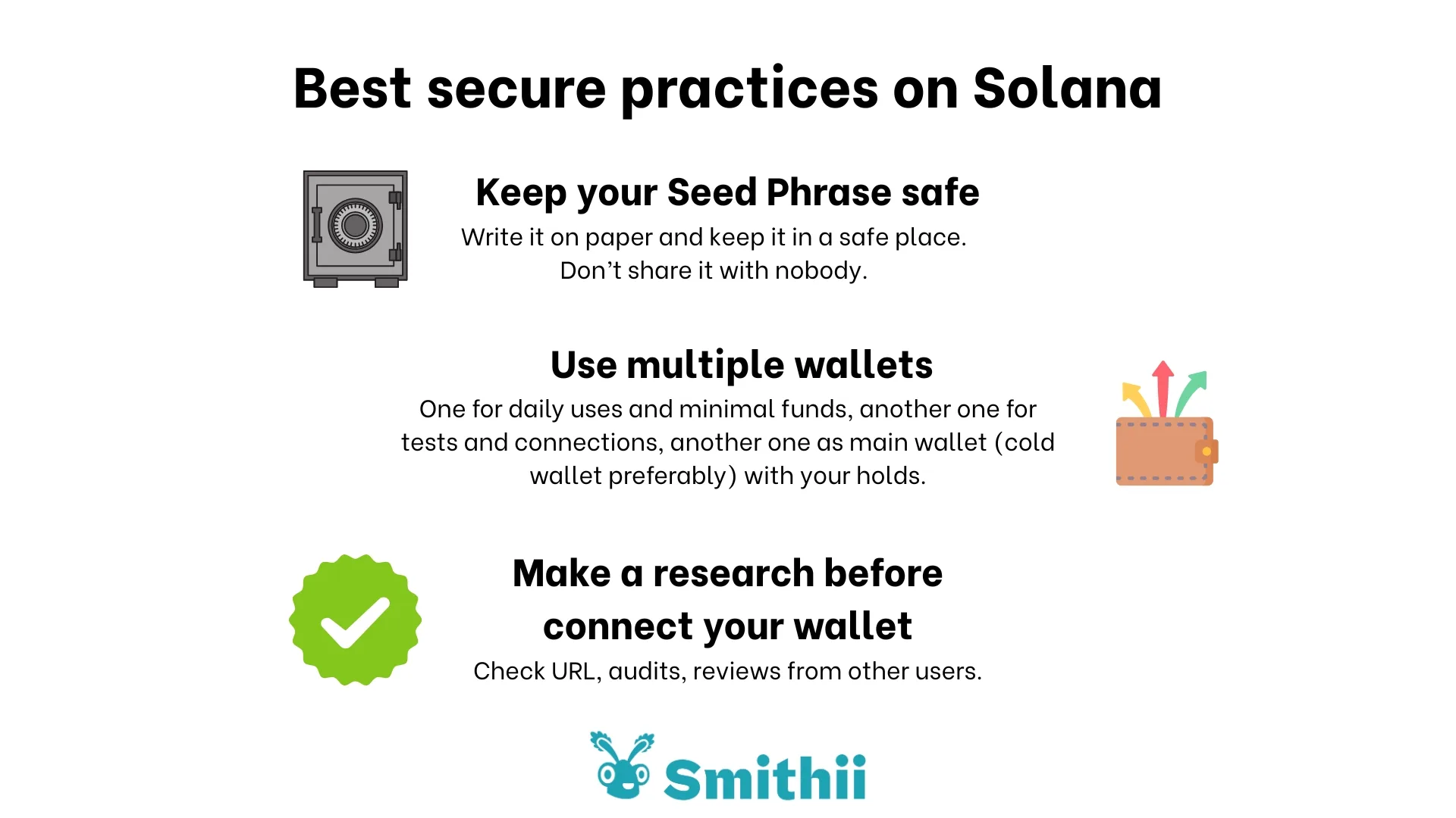Best secure practices on Solana: Keep your seed phrase safe by writing it on paper and keep it in a safe place, don't share it with nobody. Use multiple wallets, one for daily use, another one for tests and another one as main wallet with your holds (cold wallet is best option for this). Make a research before connect your waller on dApps.