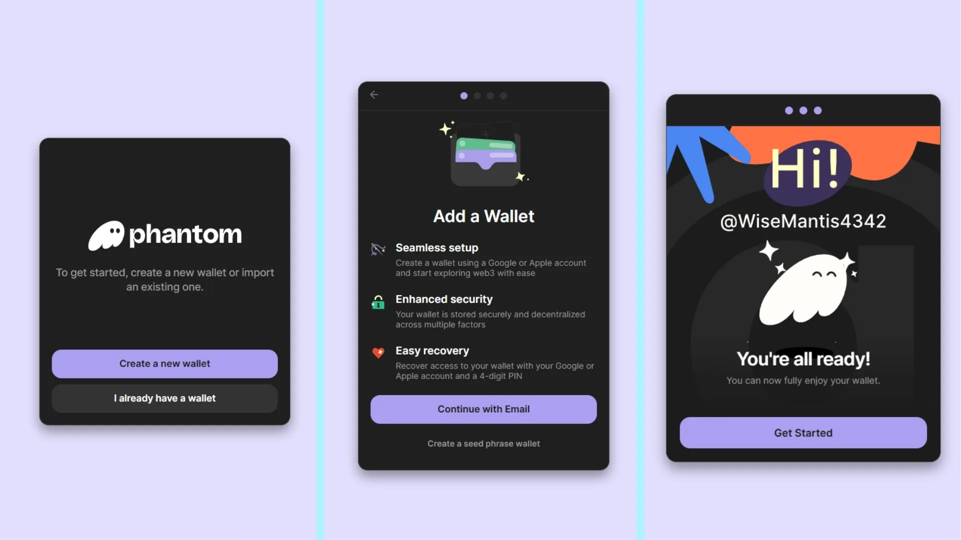 Phantom account creation screenshots for each step: click on "Create new wallet", select your access control, choose a nickname and that is.