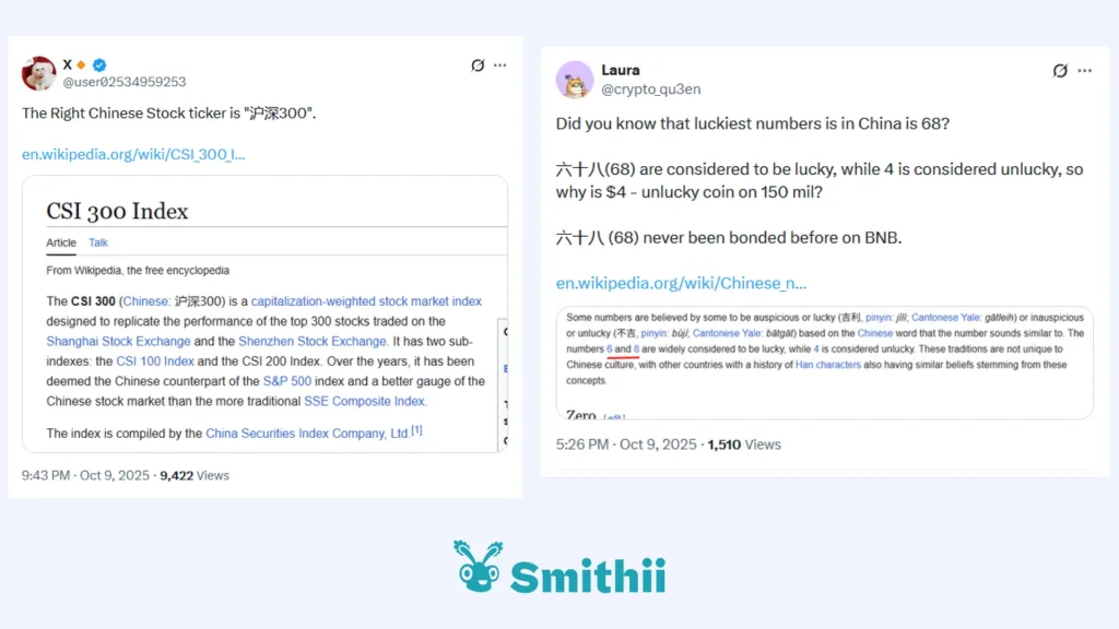 Examples of X posts from currently top memecoins projects on Four Meme - Smithii