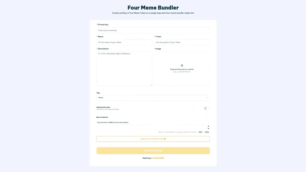 Four Meme Bundler tool for creating a memecoin on BSC - Smithii