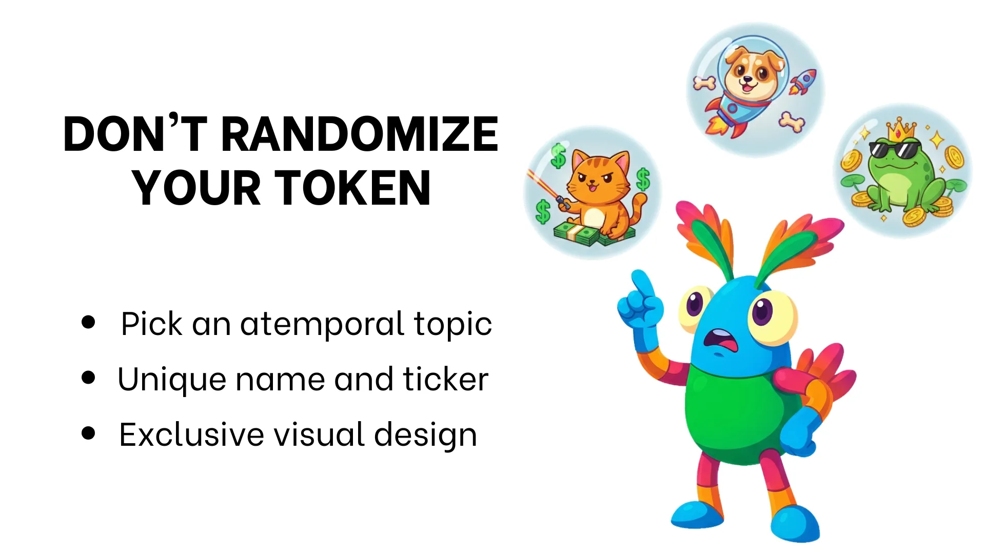 Don't Randomize Your Token: 1. Pick an atemporal topic, 2. Unique name and ticker, 3. Exclusive visual design. Best way to graduate tokens from Four Meme is being original