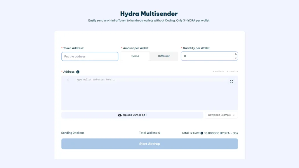 How to make hydra Airdrop: smithii tools dapp screenshot with empty fields