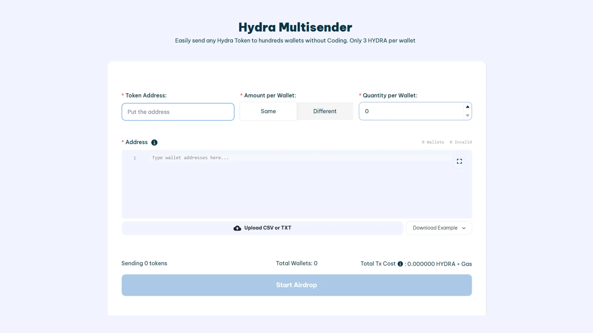 How to make hydra Airdrop: smithii tools dapp screenshot with empty fields