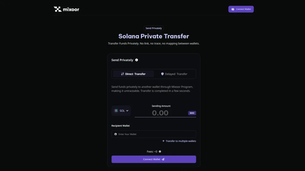 solana-tumbler-smithii Solana Tumbler, screenshot from Mixoor.fun, created by Smithii Tools dev team, with empty fields to make private SOL transactions