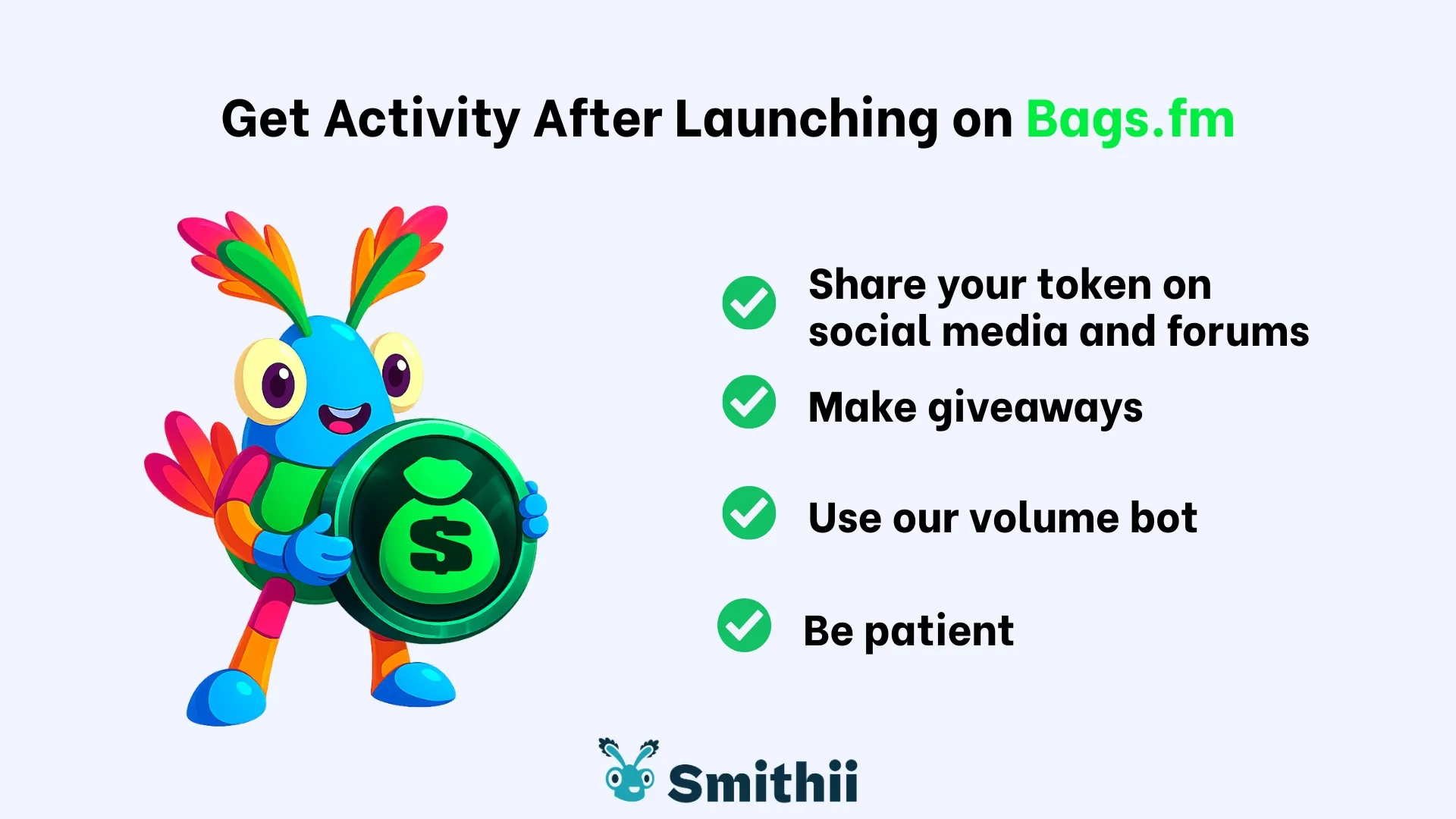 bundler-bot-bags-fm-get-activity So generierst du Traffic nach dem Launch auf Bags.fm:- Teile die token in sozialen Netzwerken und Foren- Veranstalte Giveaways- Nutze unseren bot Hab Geduld