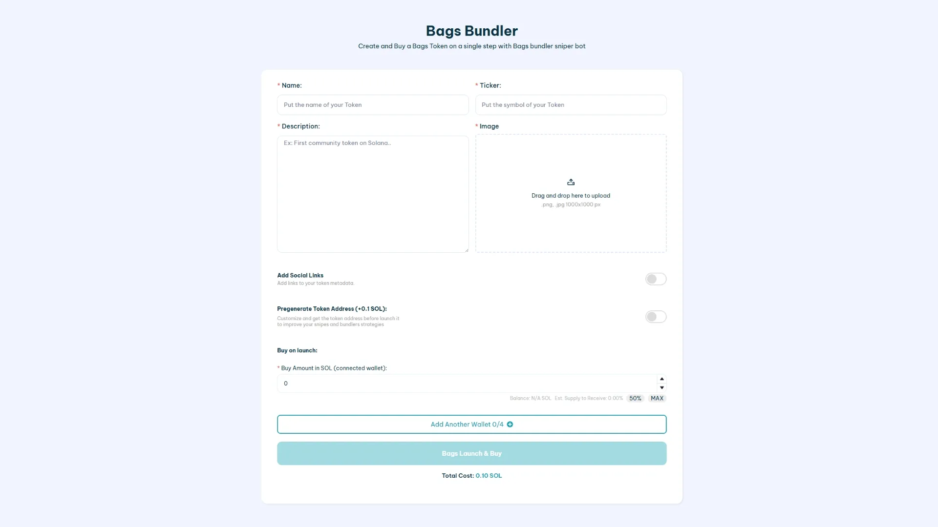 how-to-use-bundler-bot-bags-fm(1) So verwendest du einen Bags.fm Bundler Bot: 1. Passe dein Token an. 2. Füge die Wallets des bundle hinzu bundle bis zu 4+1). 3. Bestätige den Start. 4. Signiere die Transaktion in deiner wallet.