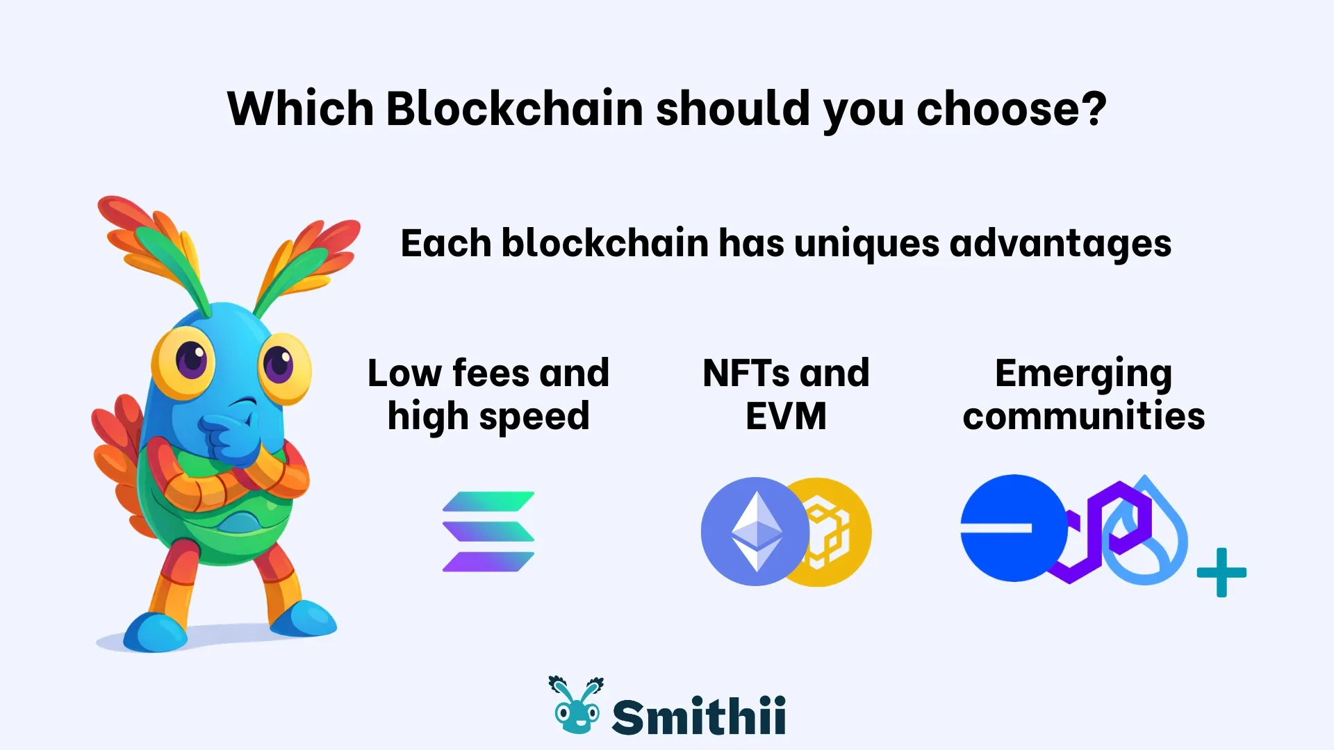 which-blockchain-choose Welke blockchain moet je kiezen om een cryptovaluta te creëren? Elke blockchain heeft een ander voordeel, bijvoorbeeld: Solana lage kosten en een hoge efficiëntie, EVM potentieel nuttig in EVM Ethereum BSC, terwijl andere blockchains zoals Sui, Polygon Base opkomende communities Base .