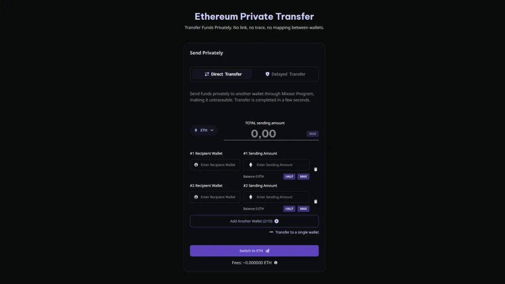 ethereum-mixer-screenshot Ethereum : captura de tela do Mixoor.fun, uma ferramenta desenvolvida pela Smithii permite realizar transações ETH