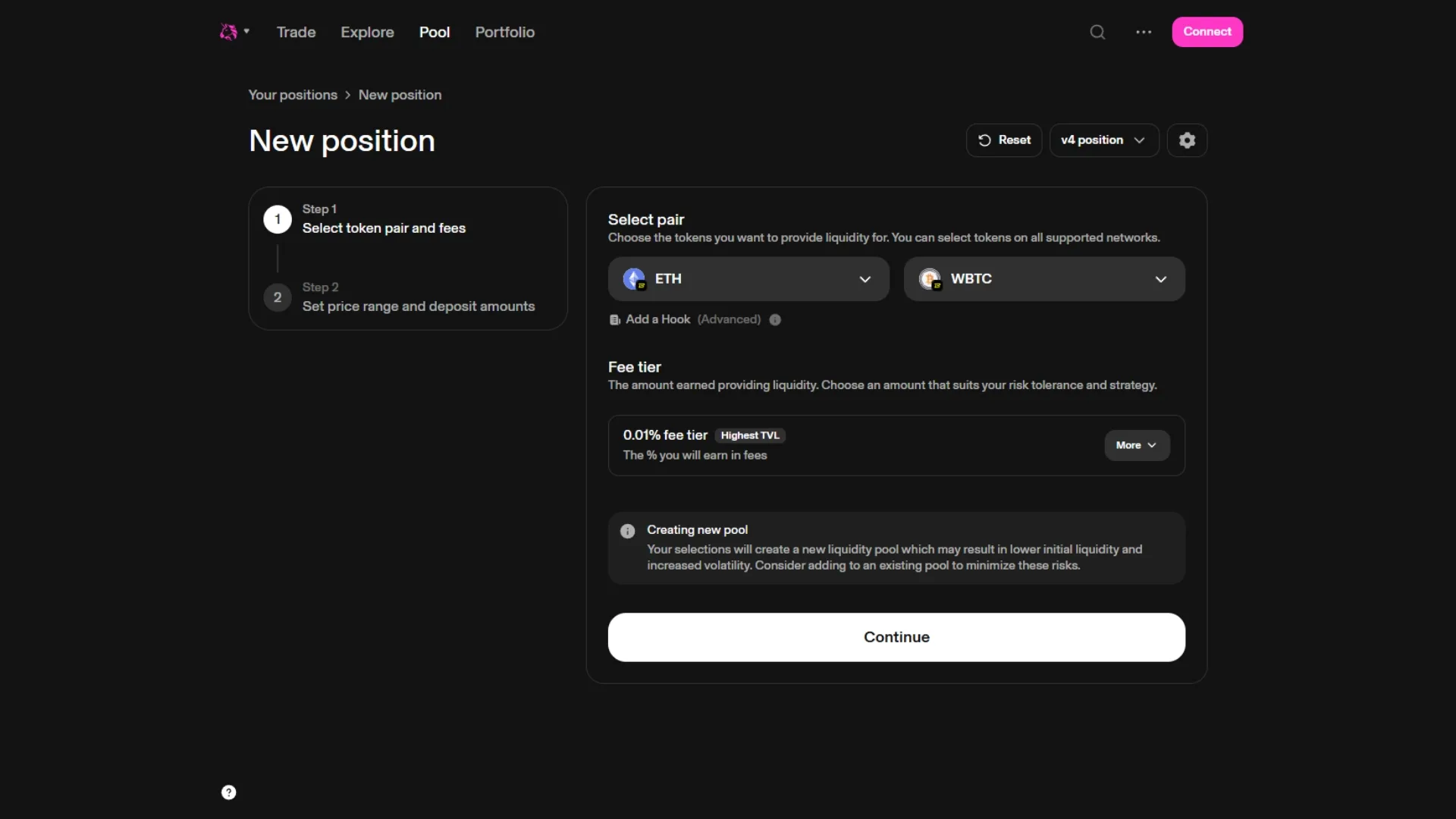 how-to-create-liquidity-pool-blast-uniswap-screenshot Cómo crear una liquidity pool de un token en Blast usando Uniswap.