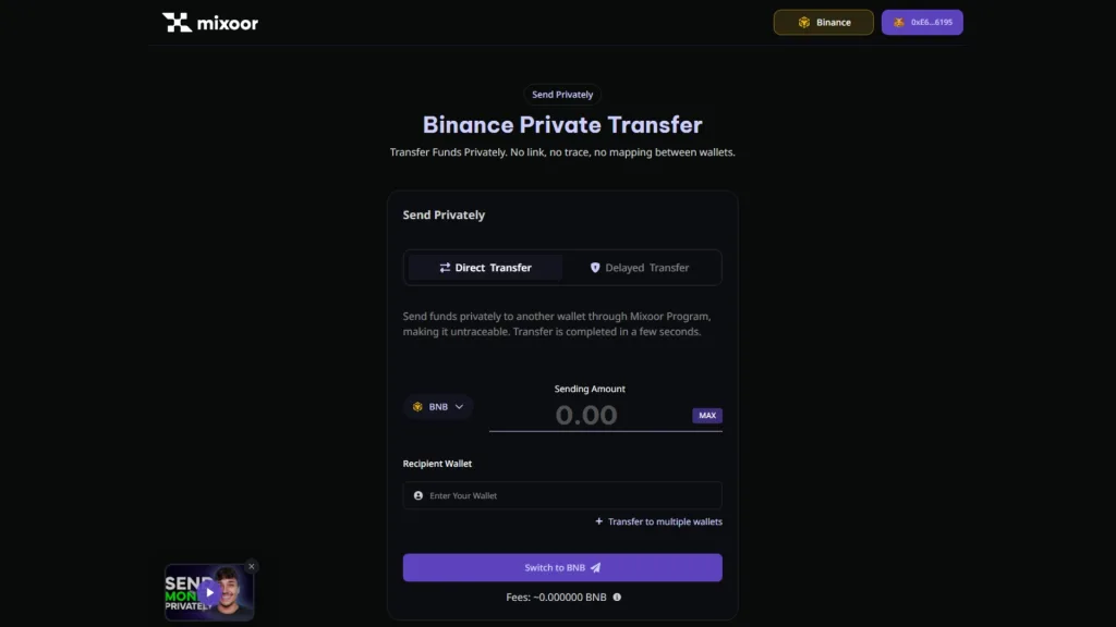 Guía sobre cómo usar un BNB Mixer usando Mixoor.fun: captura de pantalla de la interfaz con la red ya seleccionada y wallet conectada.