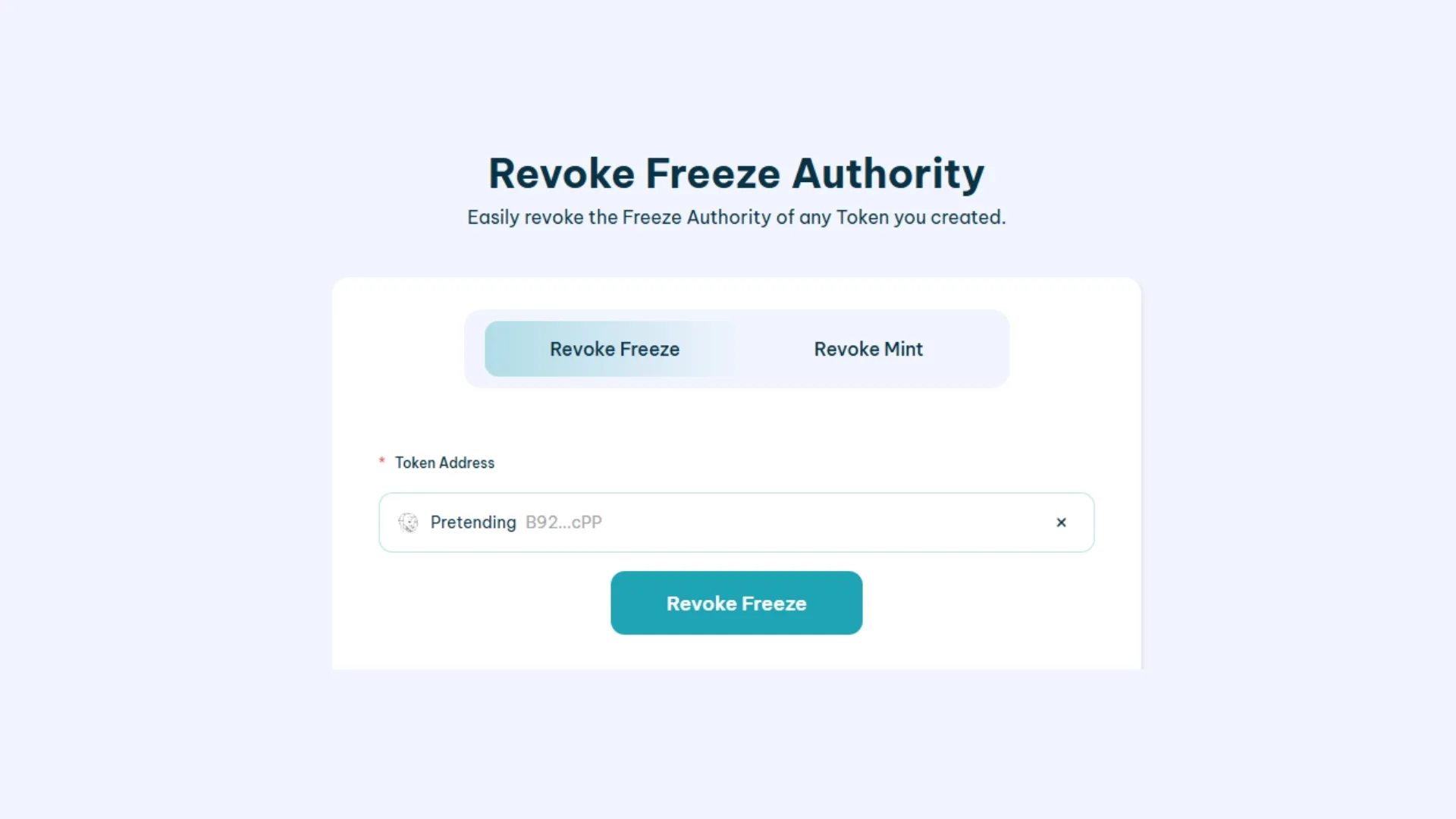 Как отозвать freeze authority у token в Solana через Smithii Tools: 1. Подключить wallet, 2. Выбрать token, 3. Нажать "Revoke Freeze"