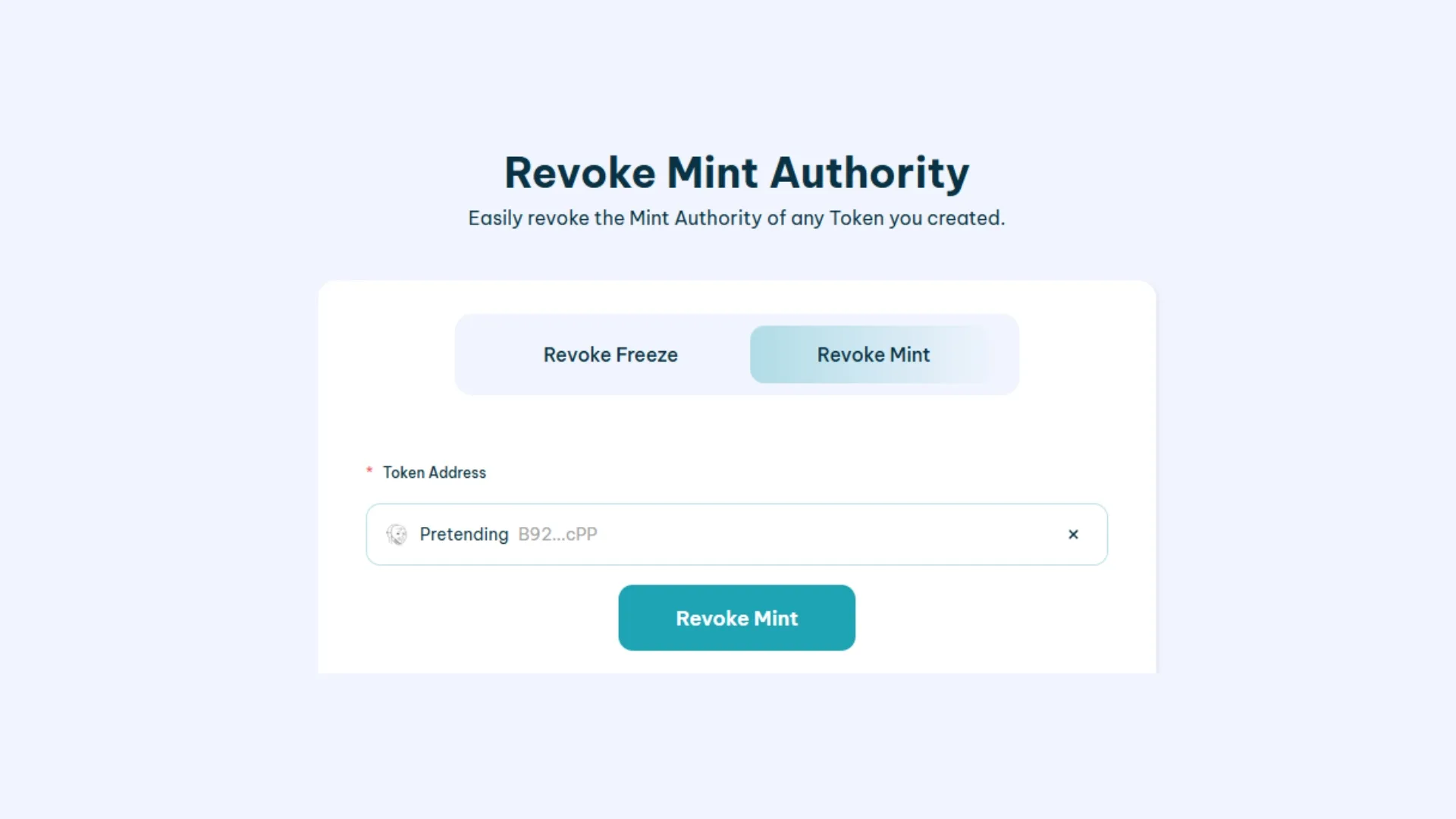 Как отозвать mint authority у token в Solana через Smithii Tools: 1. Подключить wallet, 2. Выбрать token, 3. Нажать "Revoke Mint"