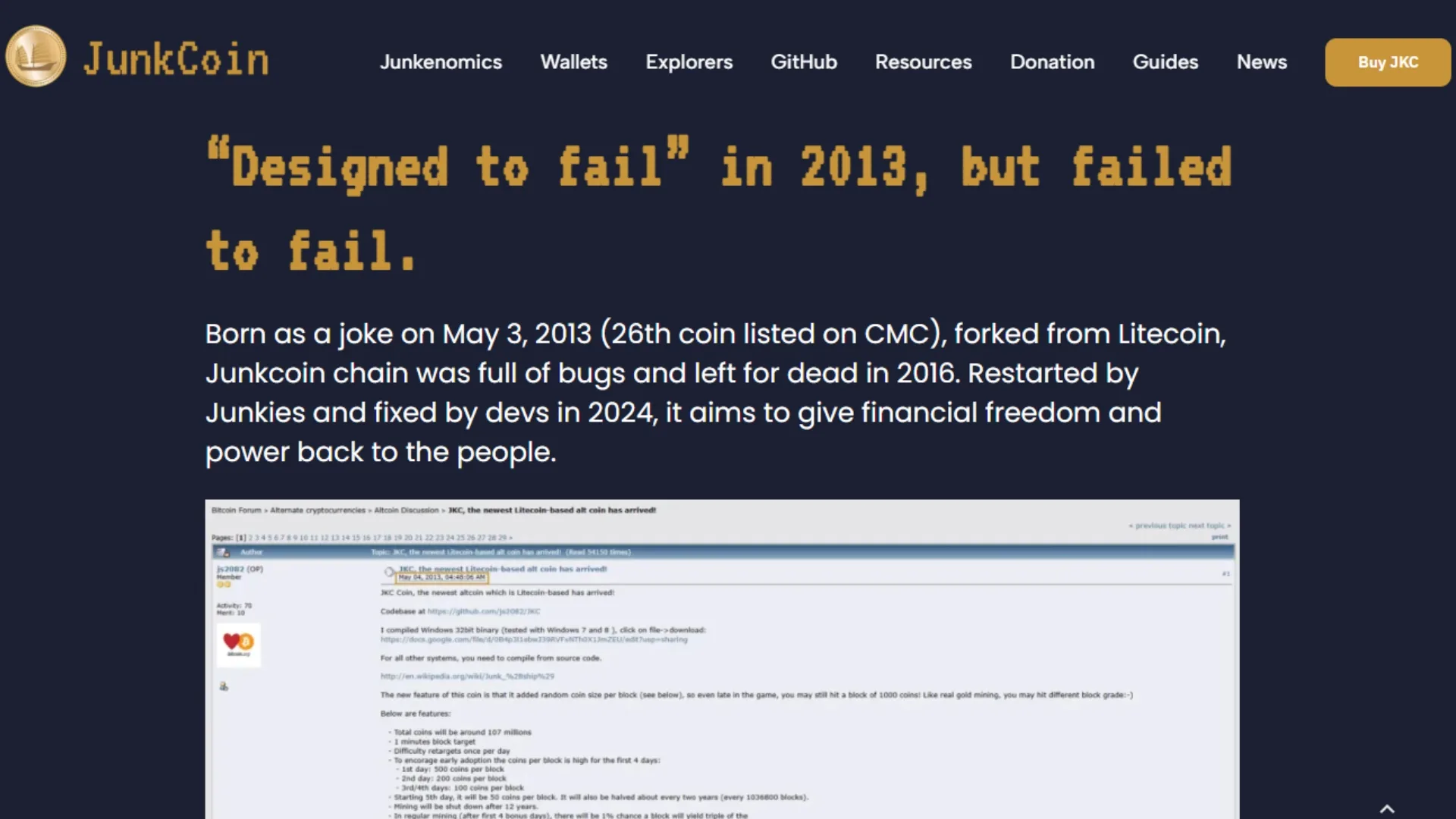 junkcoin-webpage-screenshot Junkcoin、投機と実用性のないaltcoinへの風刺的なtokenとして作られた最初のmeme coin。復活後のページのスクリーンショット。