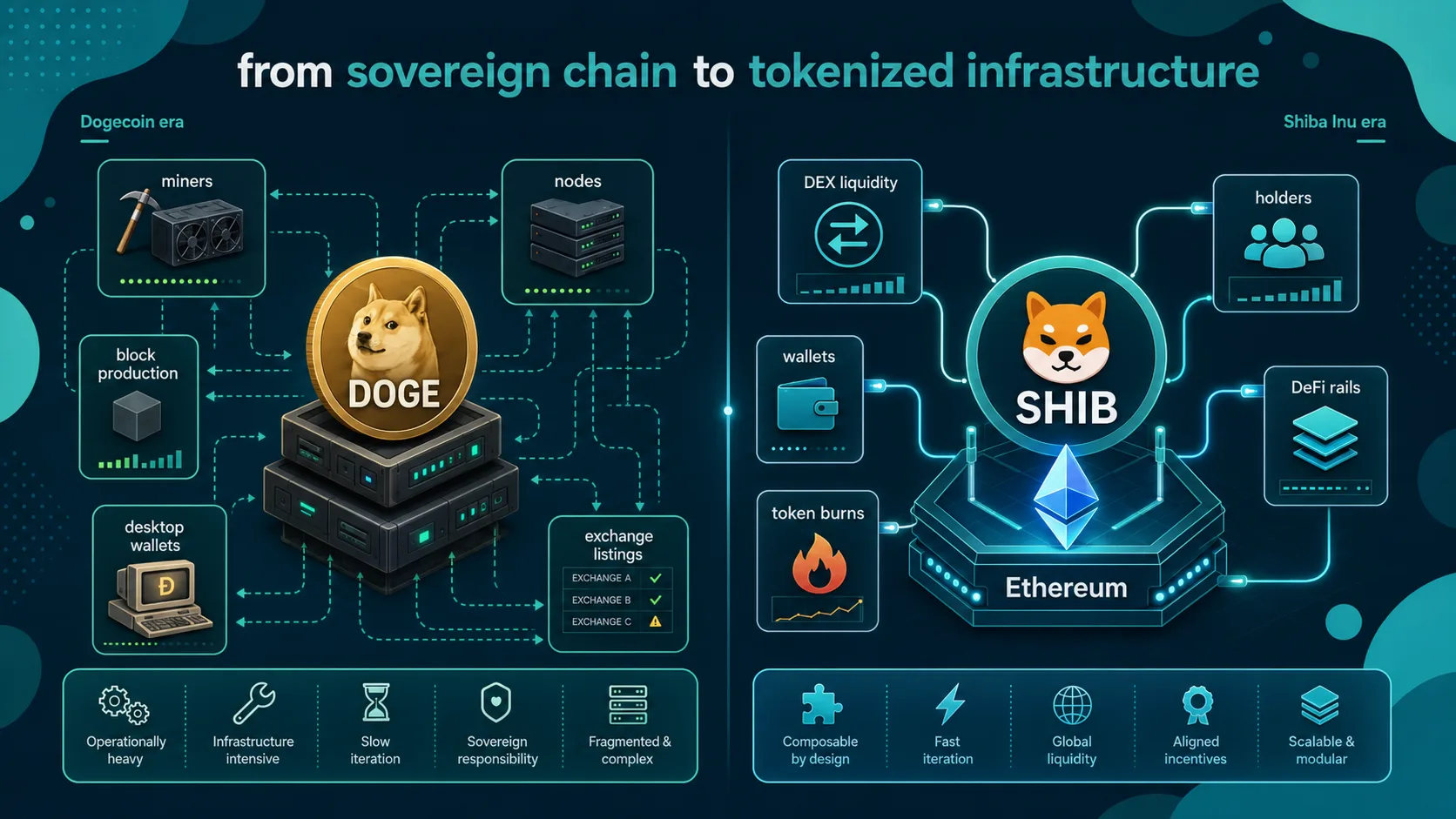 DogecoinとShiba Inuの時代比較 DogecoinとShiba Inuの時代を比較した主な違い。Dogecoin期にはBitcoinやLitecoinのインフラをコピーし、マイニング機能、ノード、手動の上場まで含めてL1レイヤーを構築する必要があった。一方SHIBは、DEX Liquidity、ウォレット、DeFi、ホルダーを含む完全なエコシステムなど、より現代的な機能とともに登場し共存している。