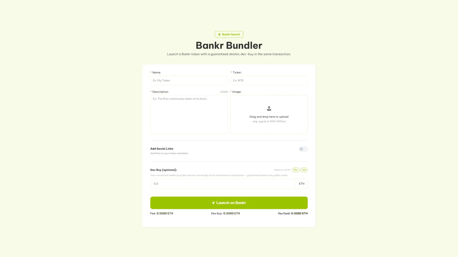 Screenshot des Bankr Bundler bot: ein Tool für einen Launch mit Multi-wallet-Bundles, um den ersten Kauf auf mehrere wallets zu verteilen.
