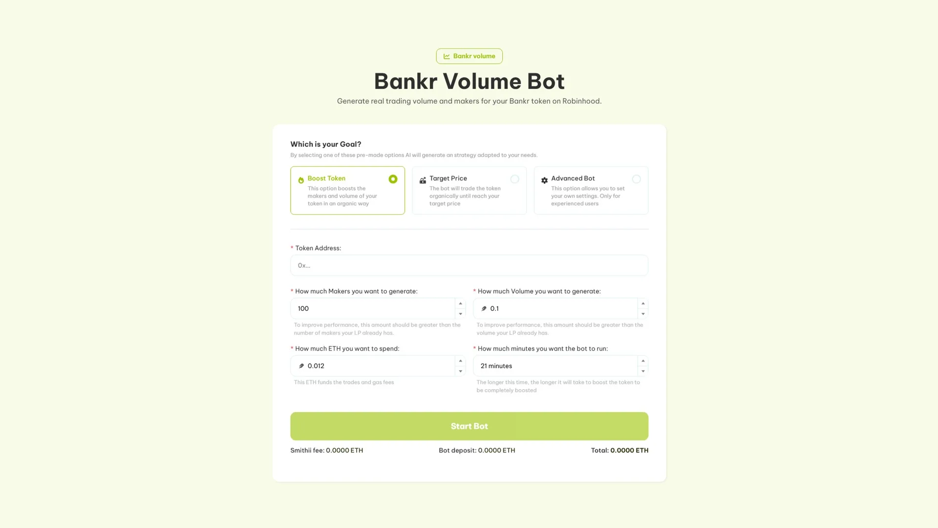 bankr-volume-bot-robinhood-clean Captura de pantalla de la UI de Bankr Volume Bot, la herramienta de Smithii para boostear un token en Bankr Robinhood.