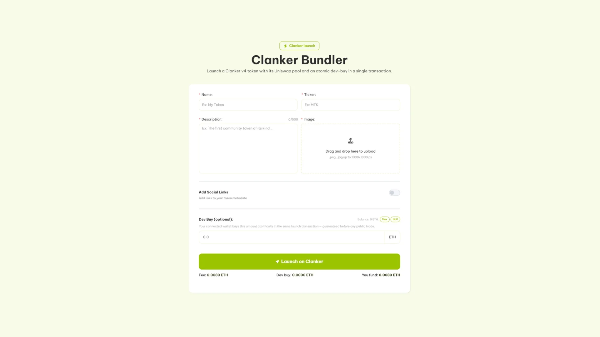 Clanker Bundler: इस Smithii bot के use की गाइड जो token launch करने और एक साथ multiple wallets से purchases execute करने देती है। खाली fields वाला screenshot।