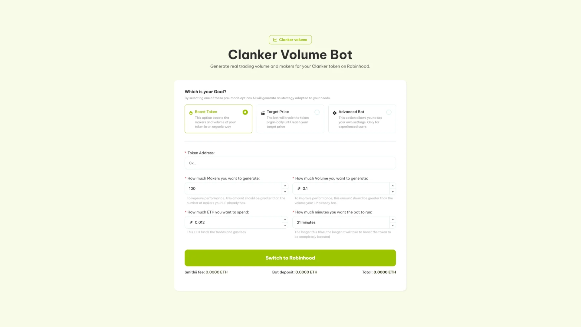 Cara pakai Clanker Volume Bot untuk Robinhood: screenshot tool Smithii Tools.