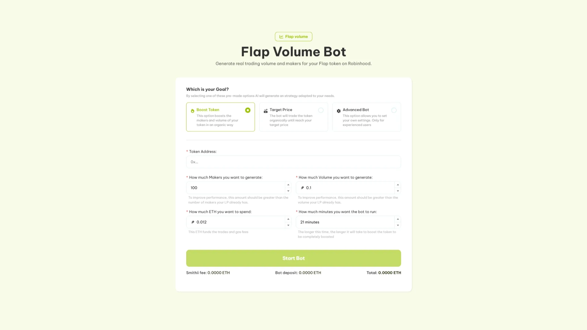 Guía para usar un Flap Volume Bot para Robinhood. Screenshot de la tool de Smithii con campos vacíos.