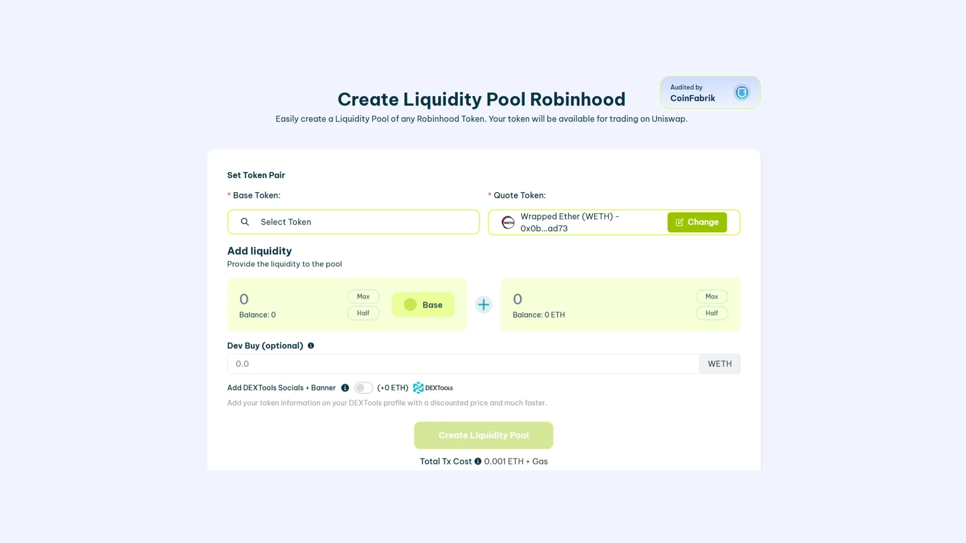 Como criar uma liquidity pool na Robinhood Chain sem código, passo a passo com Smithii Tools.