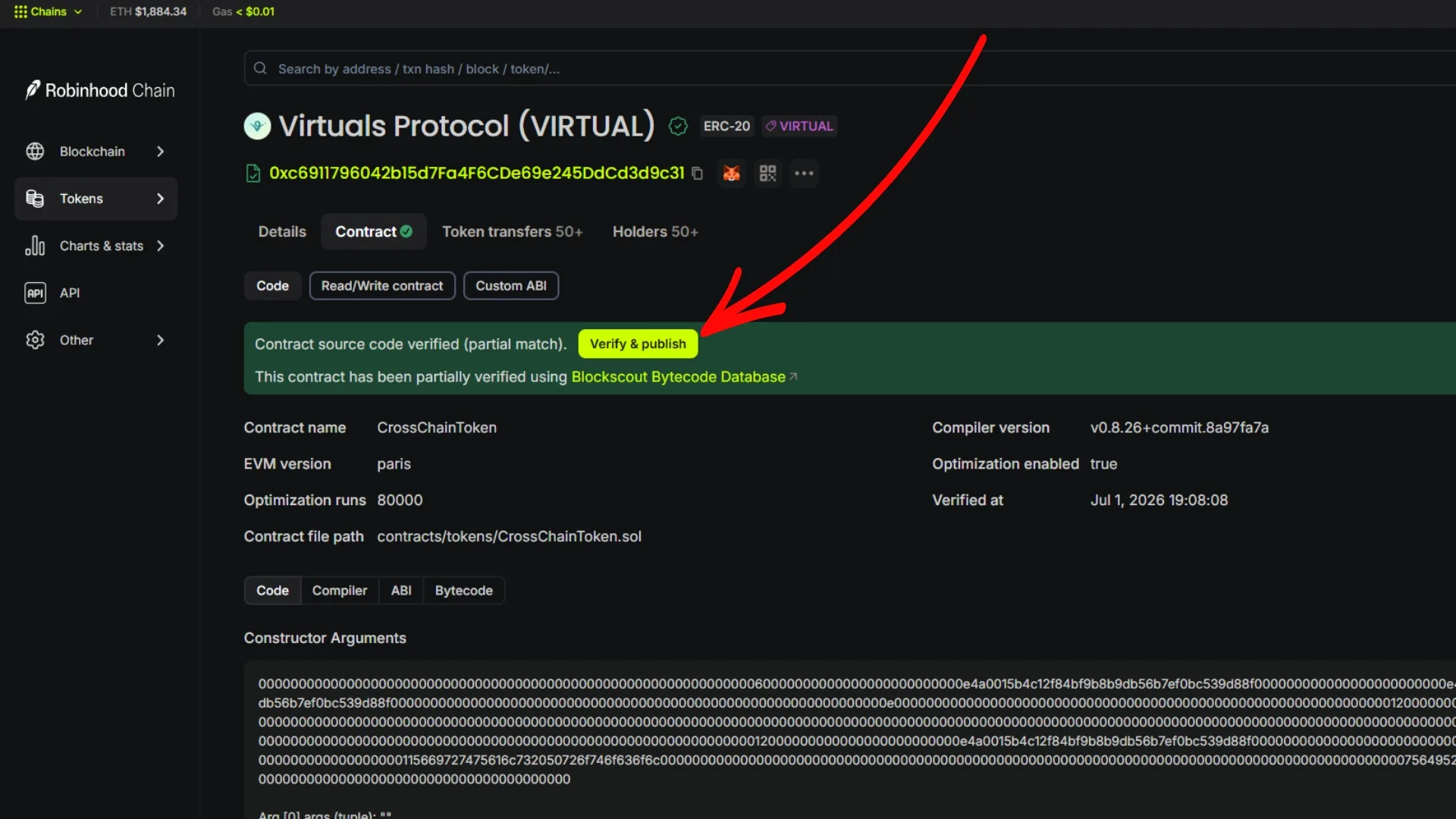 Cómo verificar un contrato en Robinhood Chain: verificación de un token usando Blockscout. Después de buscar el contract address, haz clic en "Contracto" y luego en "Verify & Publish". 