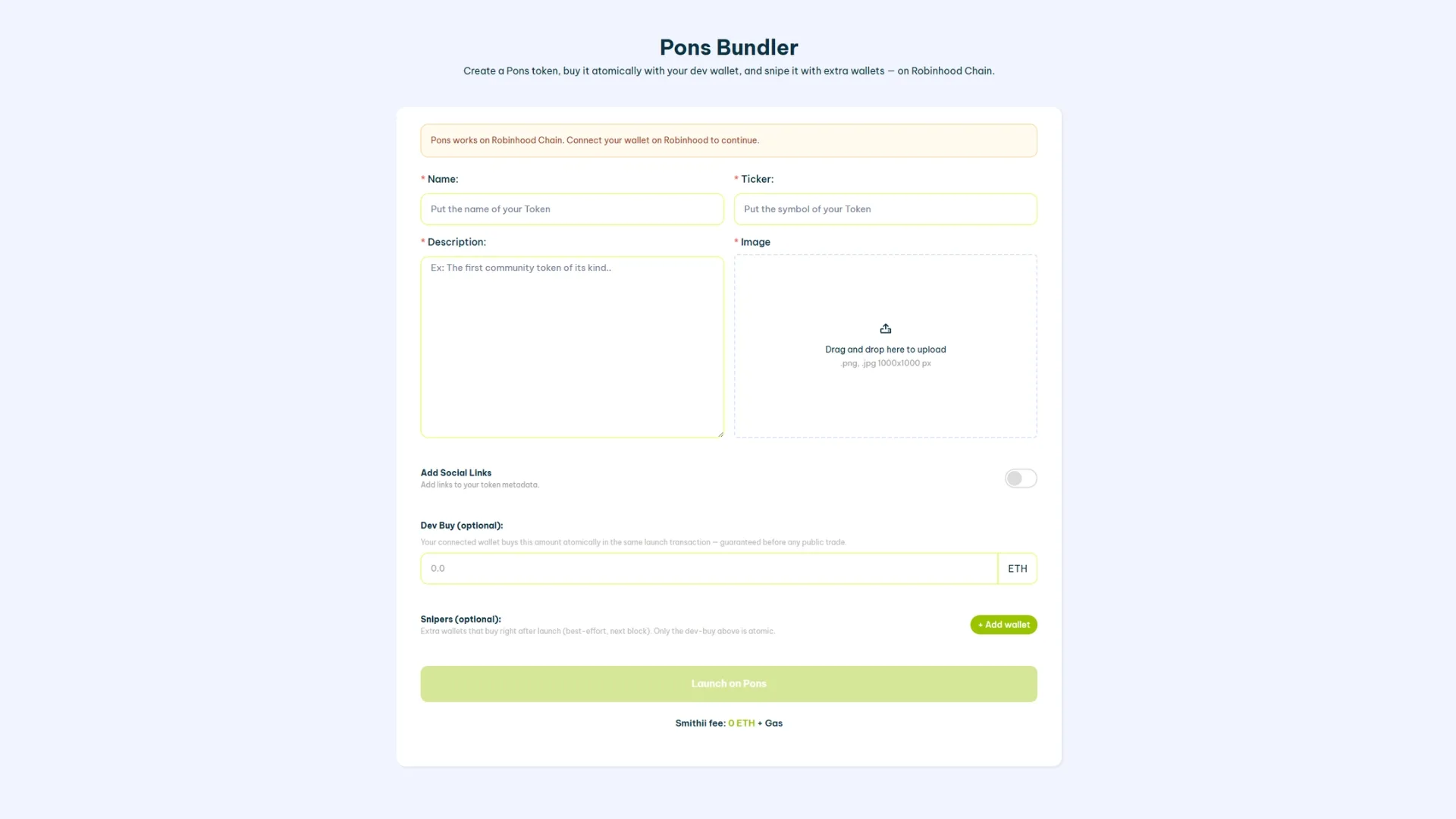 Panduan launch token dengan Pons Bundler Bot: tool Smithii untuk distribusi awal dan hindari sniper bot di launchpad Robinhood.