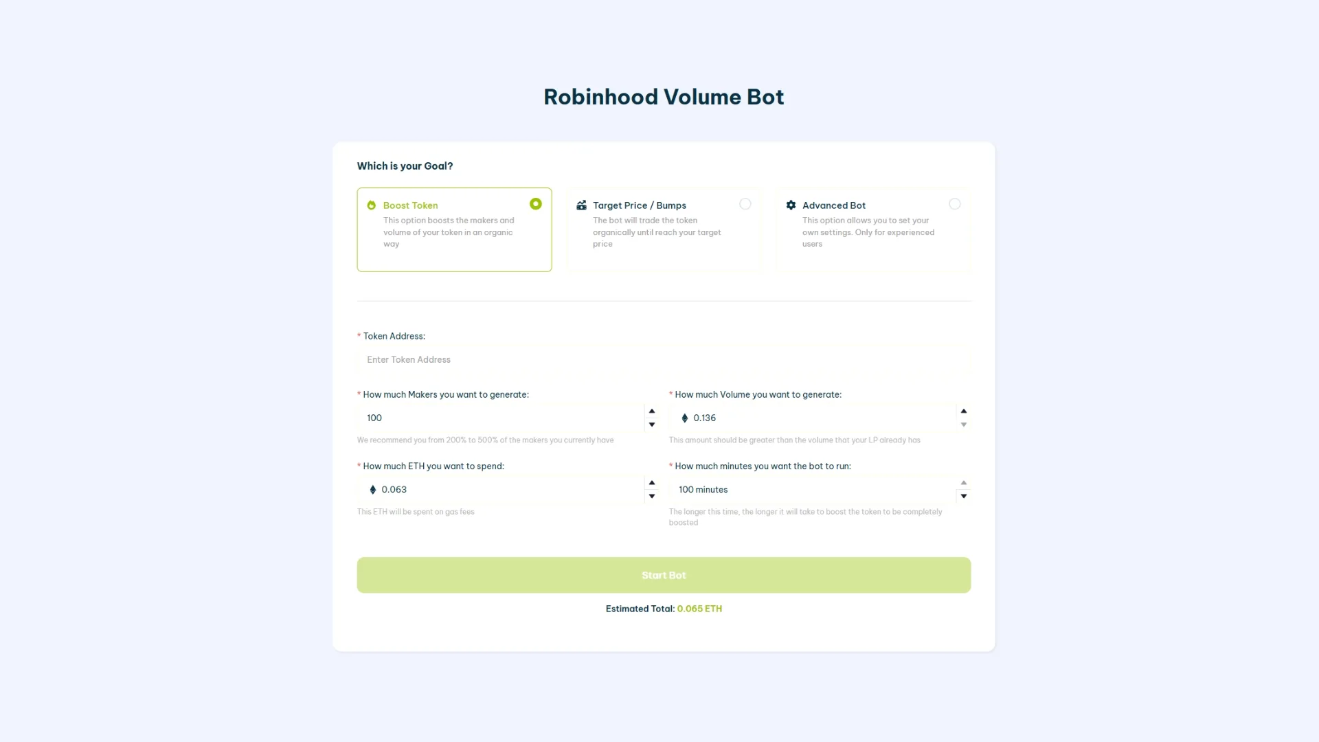 Cara menggunakan Volume Bot untuk Robinhood Chain, screenshot antarmuka Smithii Tools.