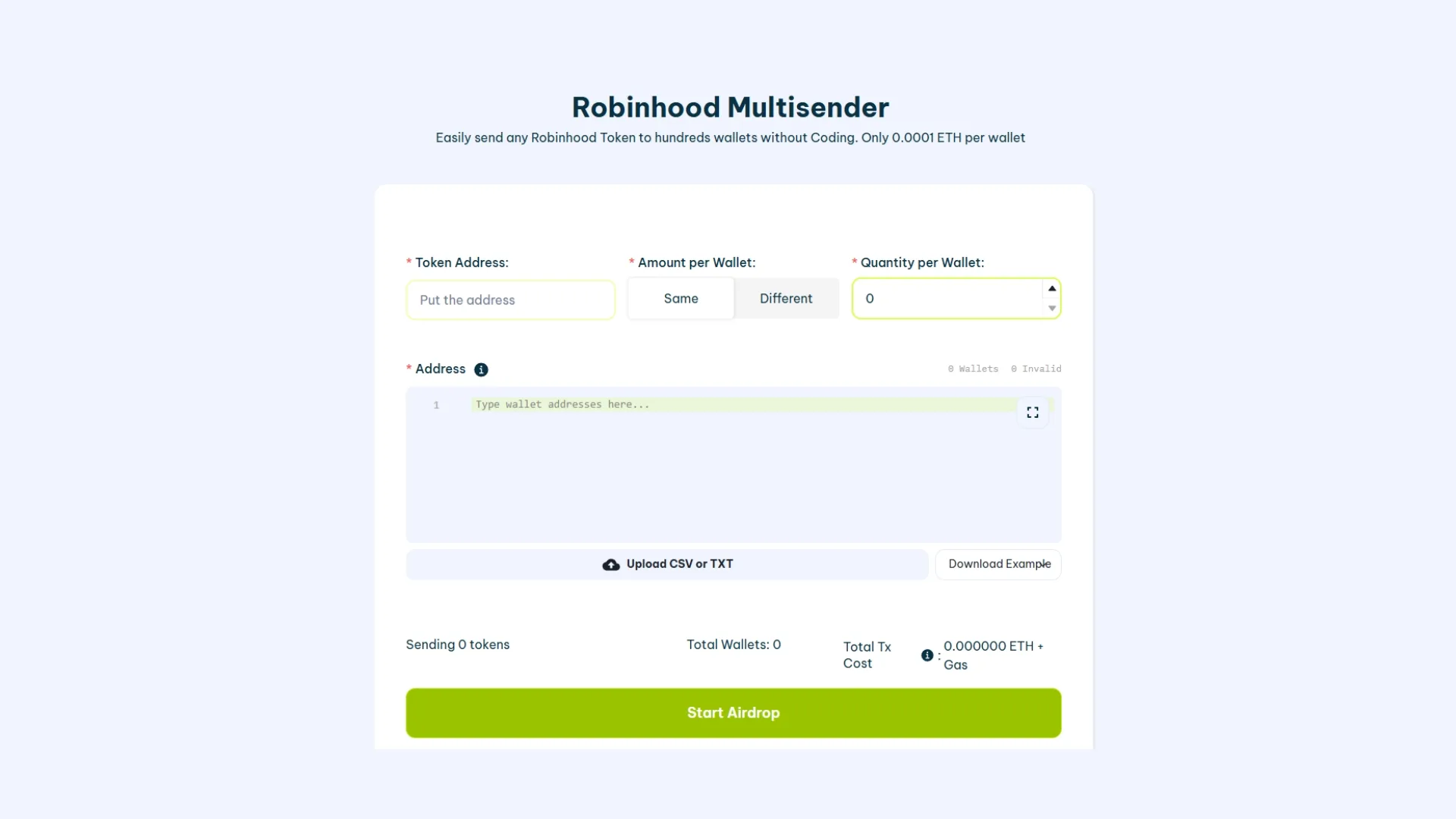 Cómo hacer un airdrop en Robinhood chain de tu propio token, sin escribir código. Paso a paso usando Smithii Tools. Captura de la plataforma.
