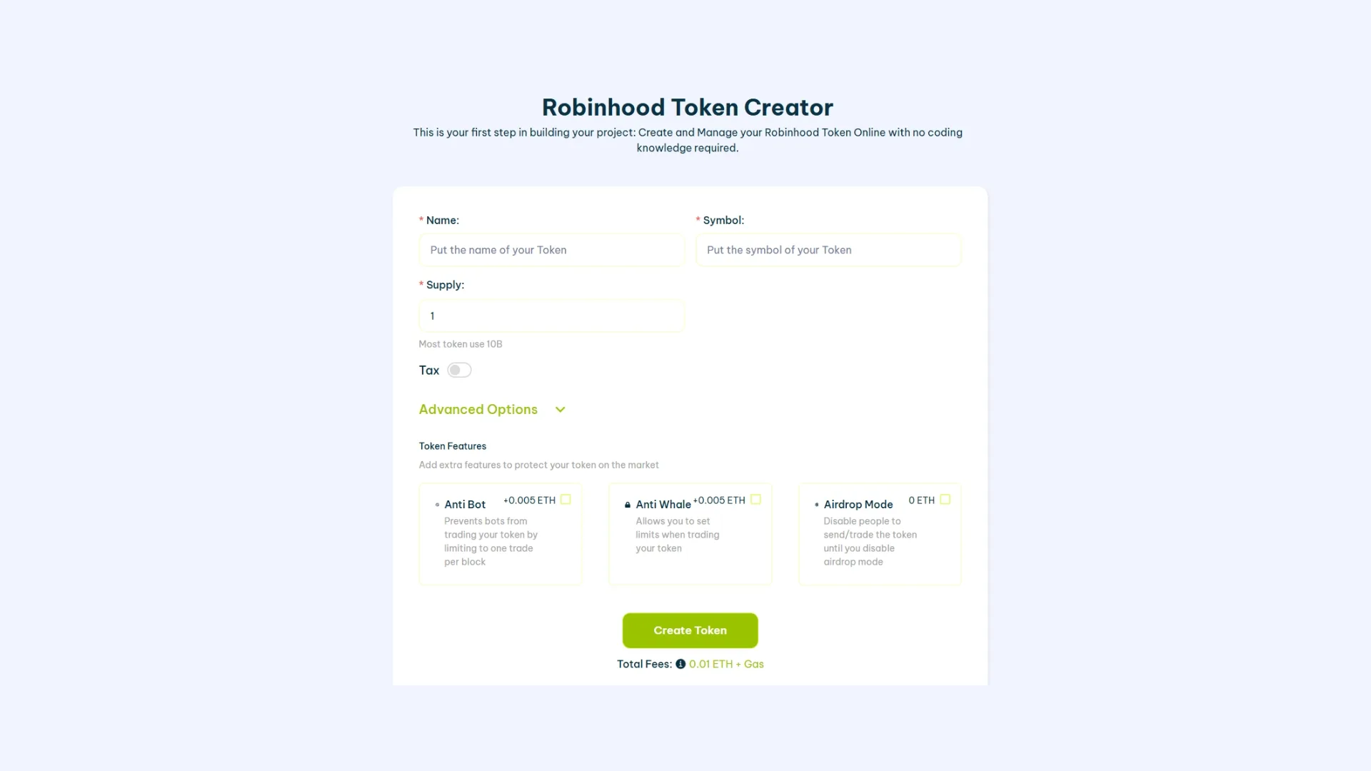 Cómo crear un token en Robinhood Chain: screenshot de la tool Token Creator de Robinhood.
