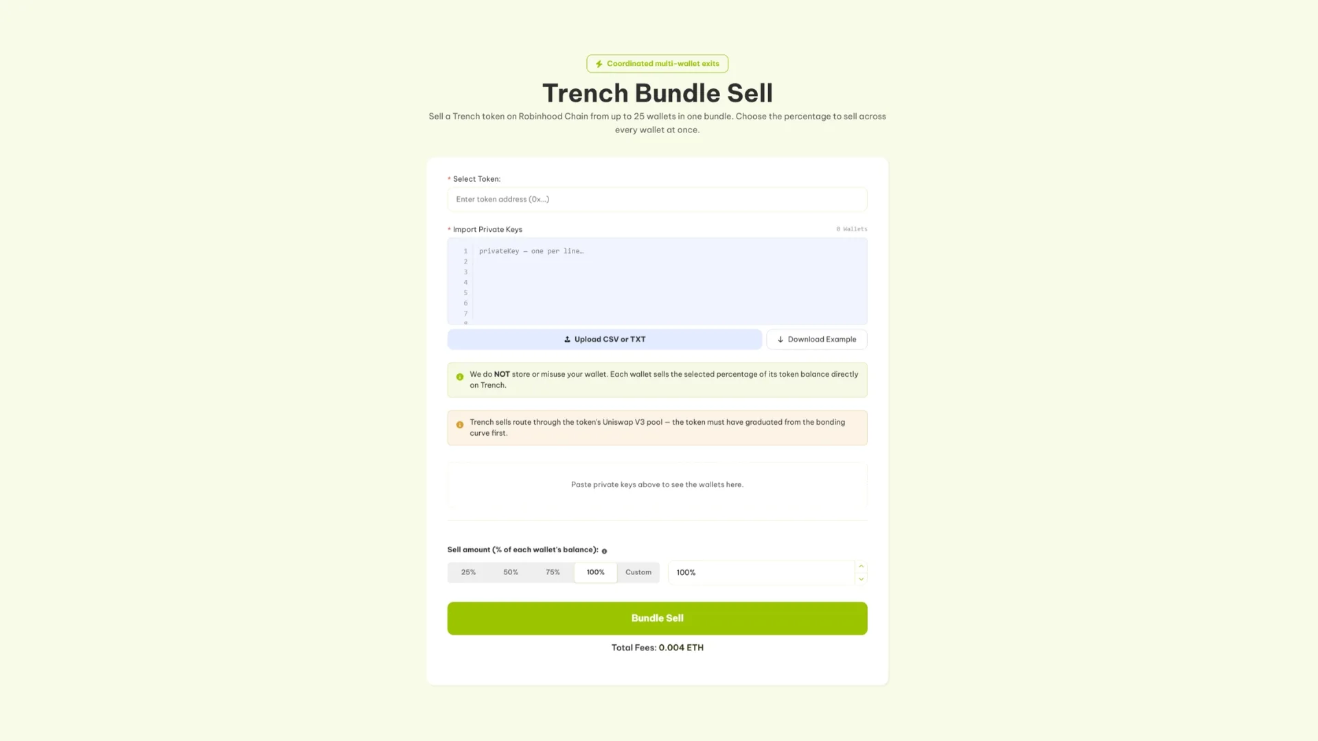 Screenshot des Trench Bundle Sell: dApp für strategischen Verkauf über mehrere wallets.