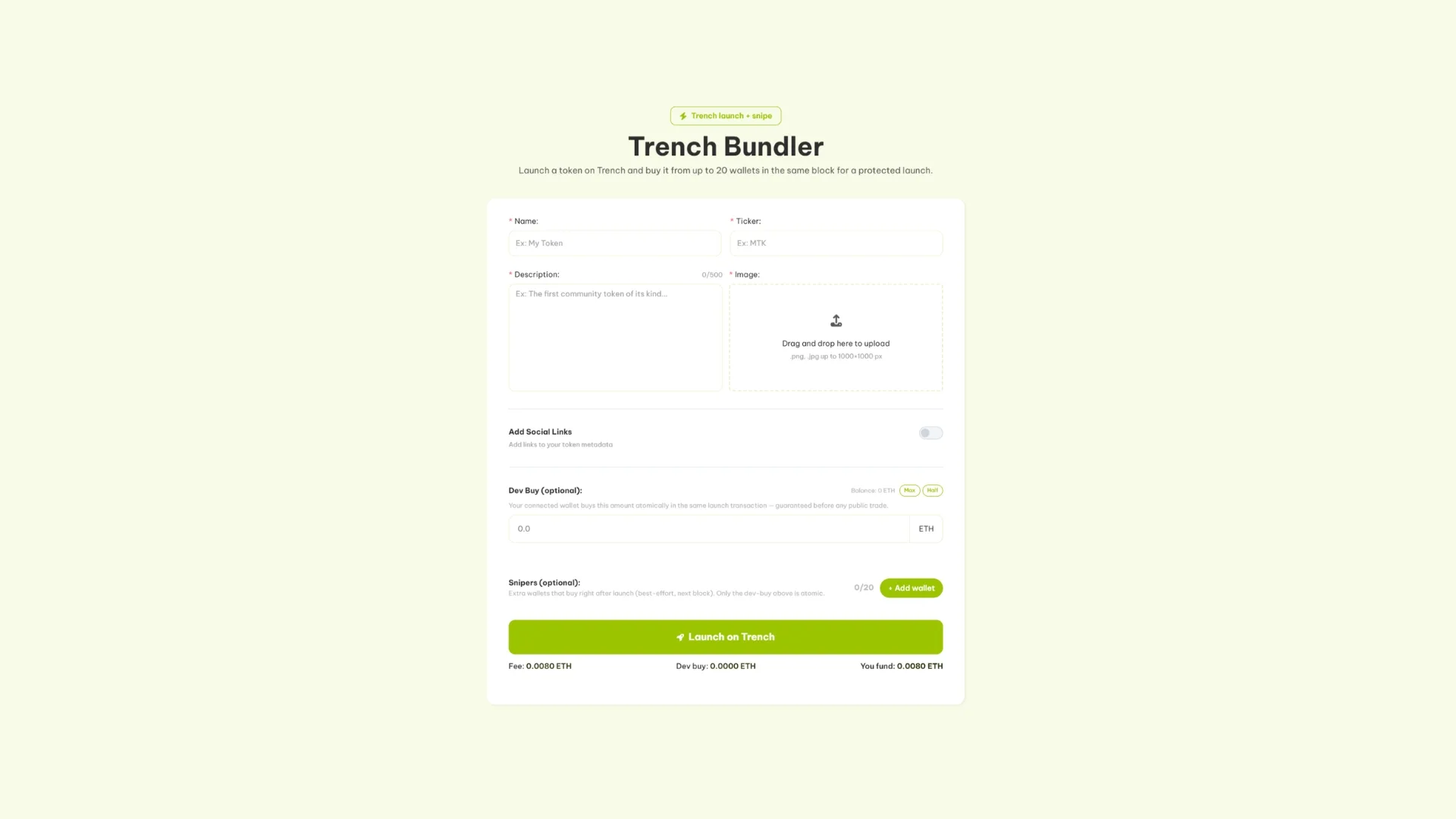 Trench Bundler Bot verwenden: Screenshot des Smithii-Tools gegen sniper-bots auf Trench.today.