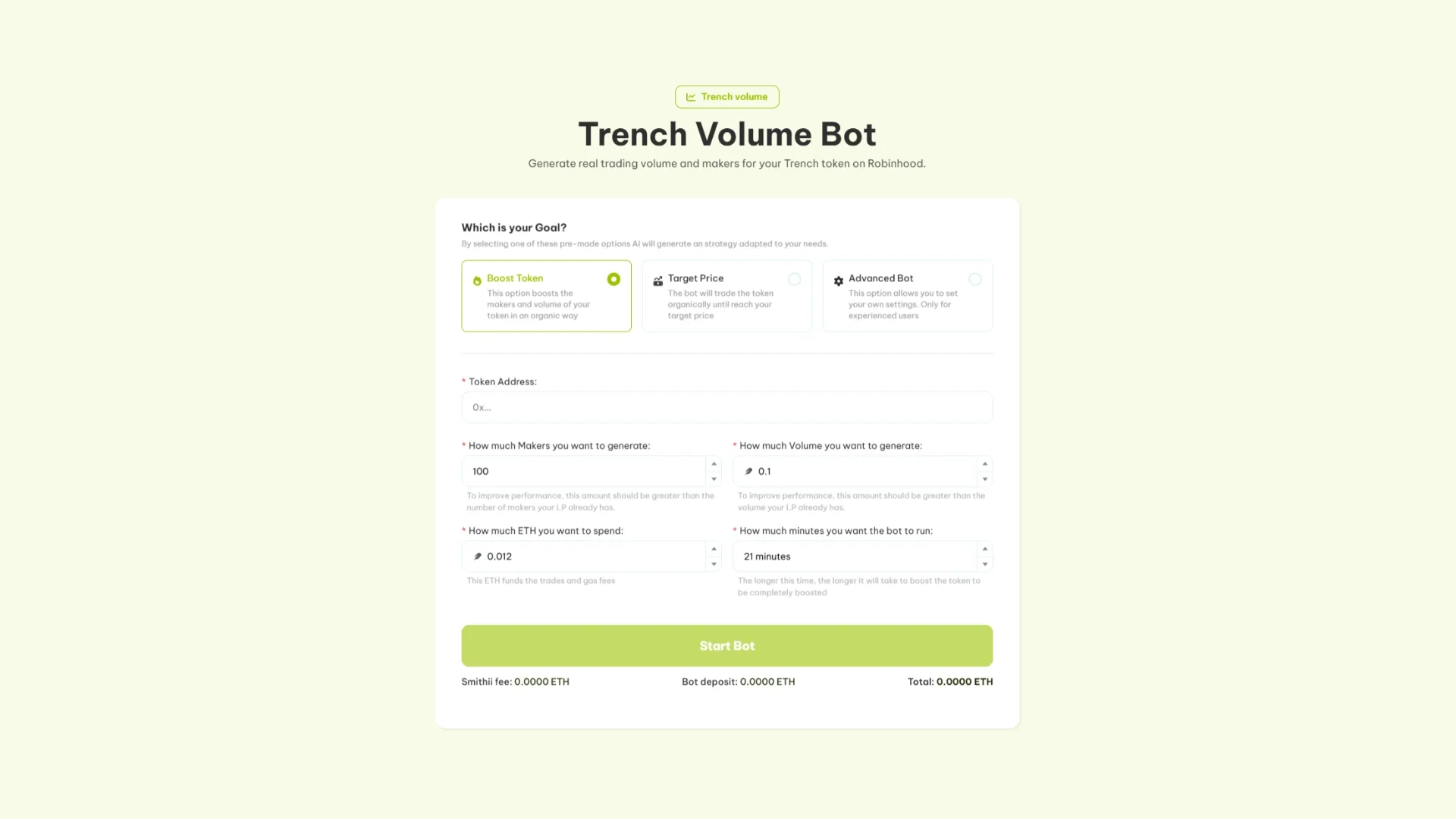 trench-volume-bot-robinhood-screenshot Langkah-langkah menggunakan Trench Volume Bot dari Smithii: screenshot dengan field kosong.