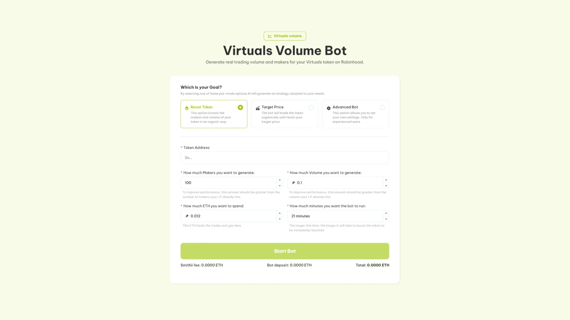 Virtuals Volume Bot, guide d'utilisation avec Smithii Tools pour booster ta position sur les DEX et screeners.