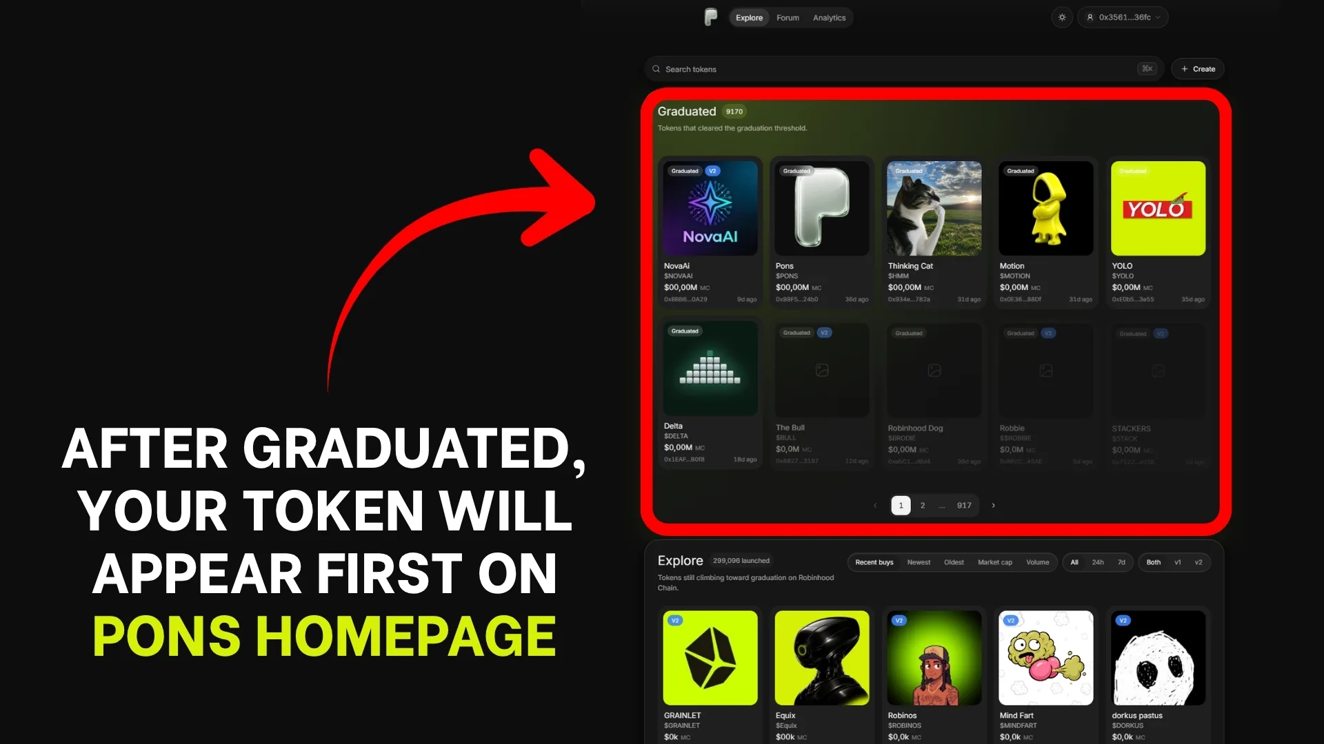 After graduating a token on Pons Launcher, the token shows up first on the launchpad homepage.