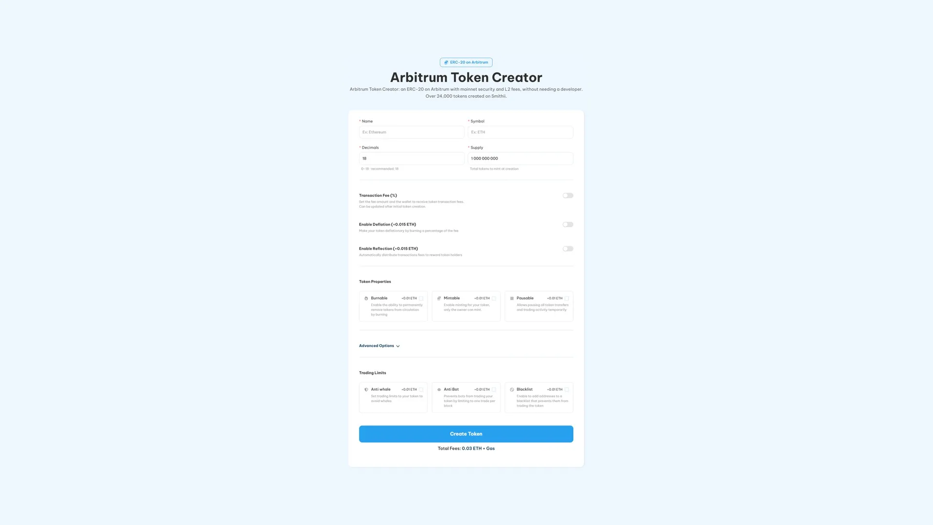 Arbitrum Token Creator Arbitrum पर token create करें: Smithii Arbitrum Token Creator tool जिसमें name, symbol, decimals, supply और optional token properties हैं