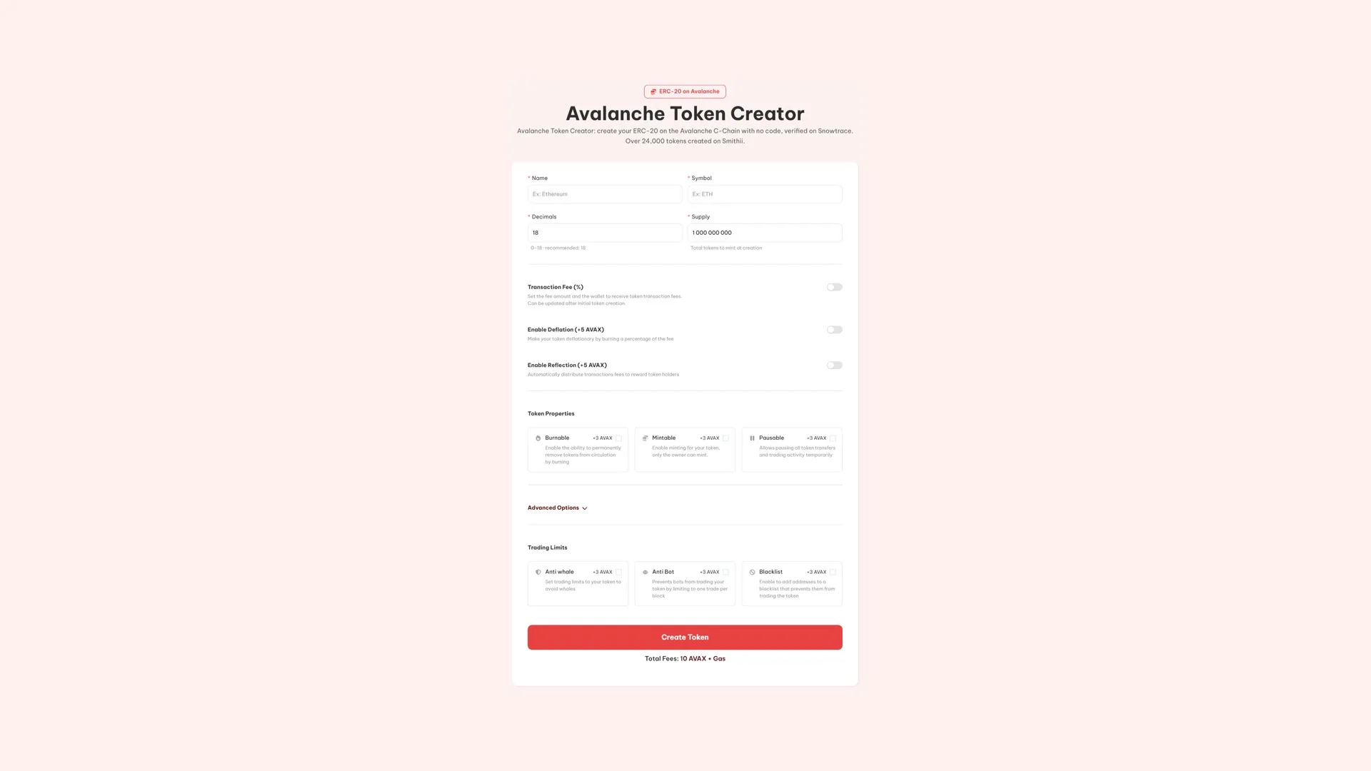 Avalanche Token Creator Avalanche üzerinde token oluşturma: isim, sembol, decimals, supply ve opsiyonel token özellikleriyle Smithii Avalanche Token Creator tool'u