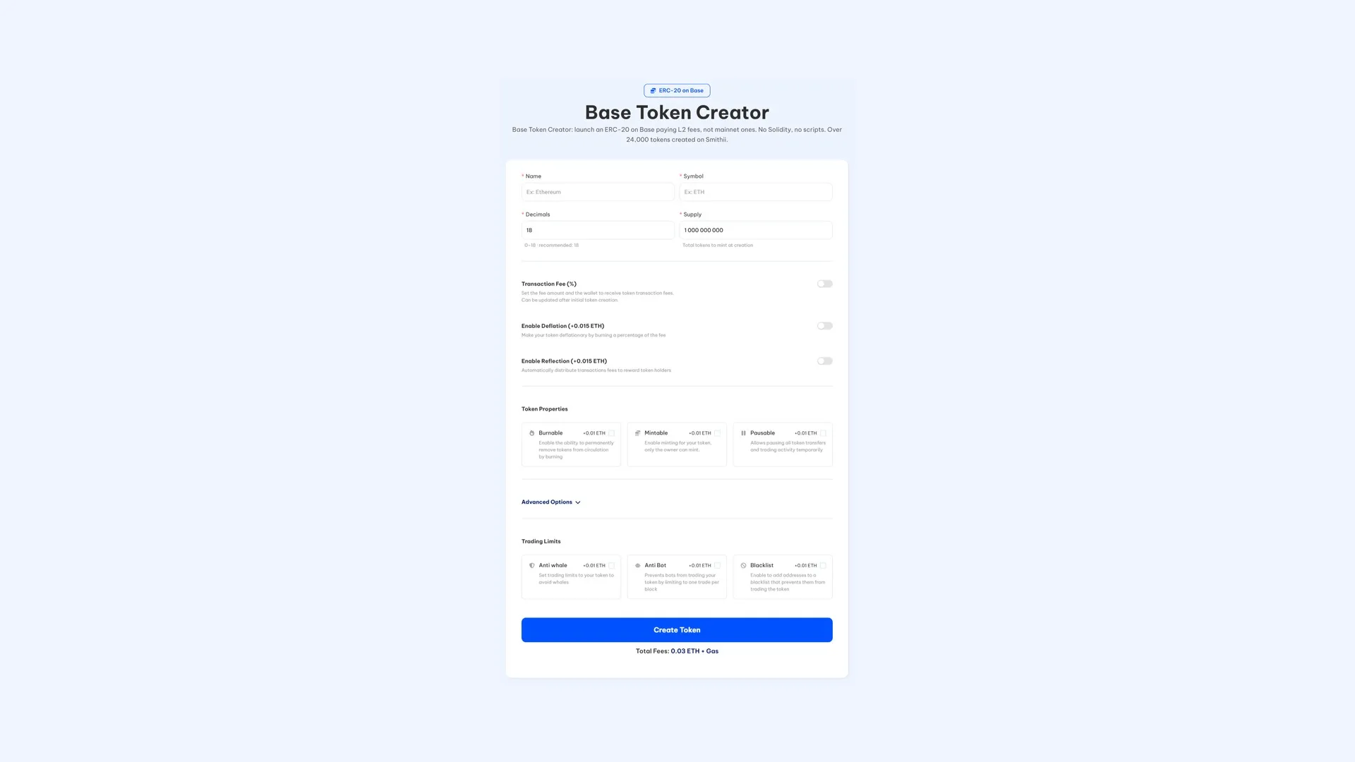 crea token su Base: la tool Smithii Base Token Creator con nome, simbolo, decimali, supply e le proprietà opzionali di token