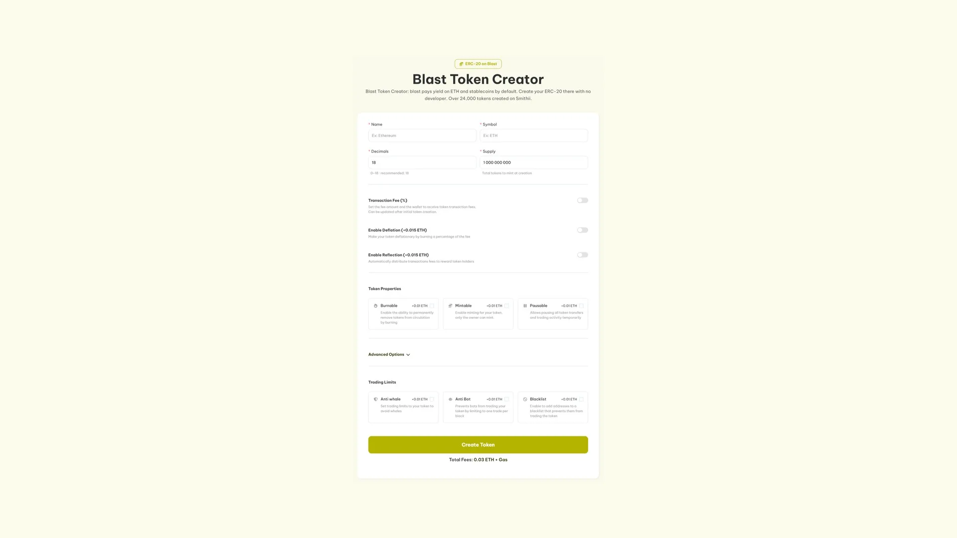 crear un token en Blast: la tool Blast Token Creator de Smithii con nombre, símbolo, decimales, supply y las propiedades opcionales del token