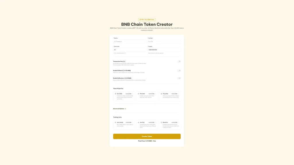 best BNB Chain wallets: Token Creator interface by Smithii for BNB Chain, where you connect your wallet to create a BEP-20 token