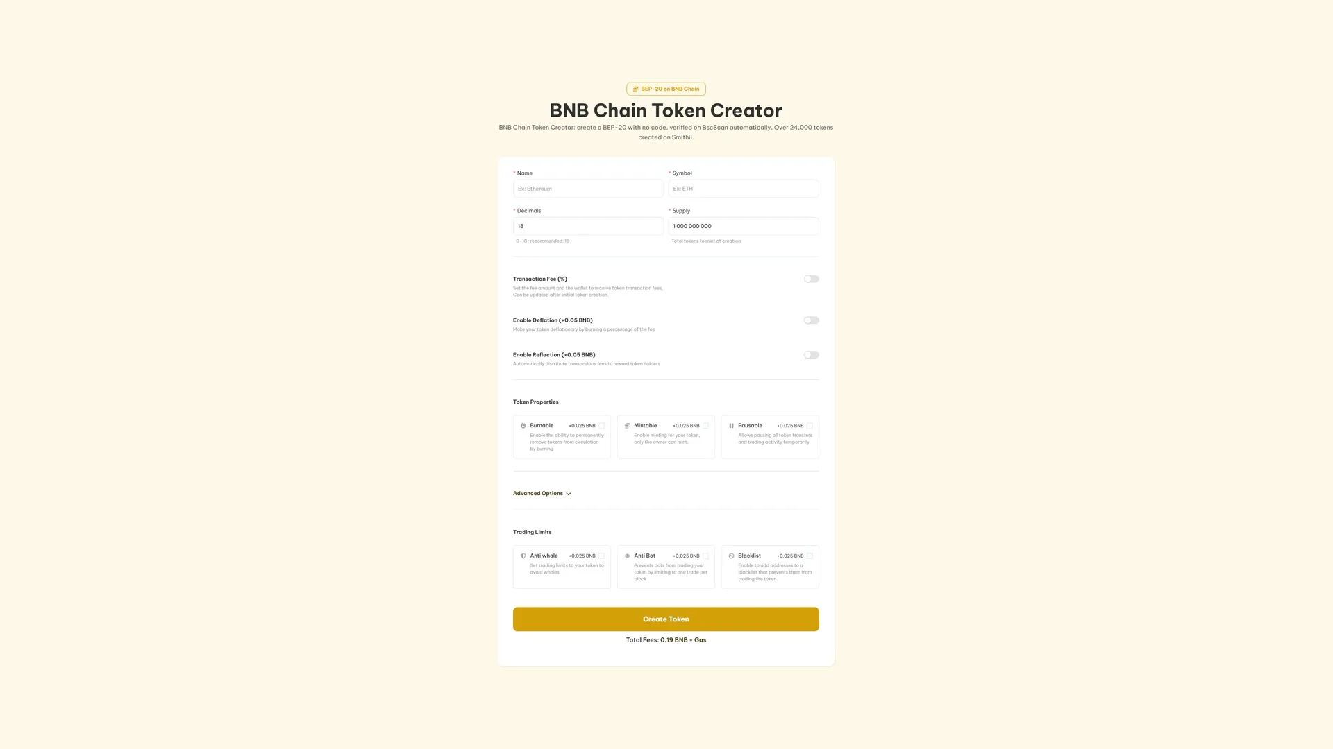 create a BEP20 token on BNB Chain: the Smithii Binance Token Creator tool with name, symbol, decimals, supply and the optional token properties