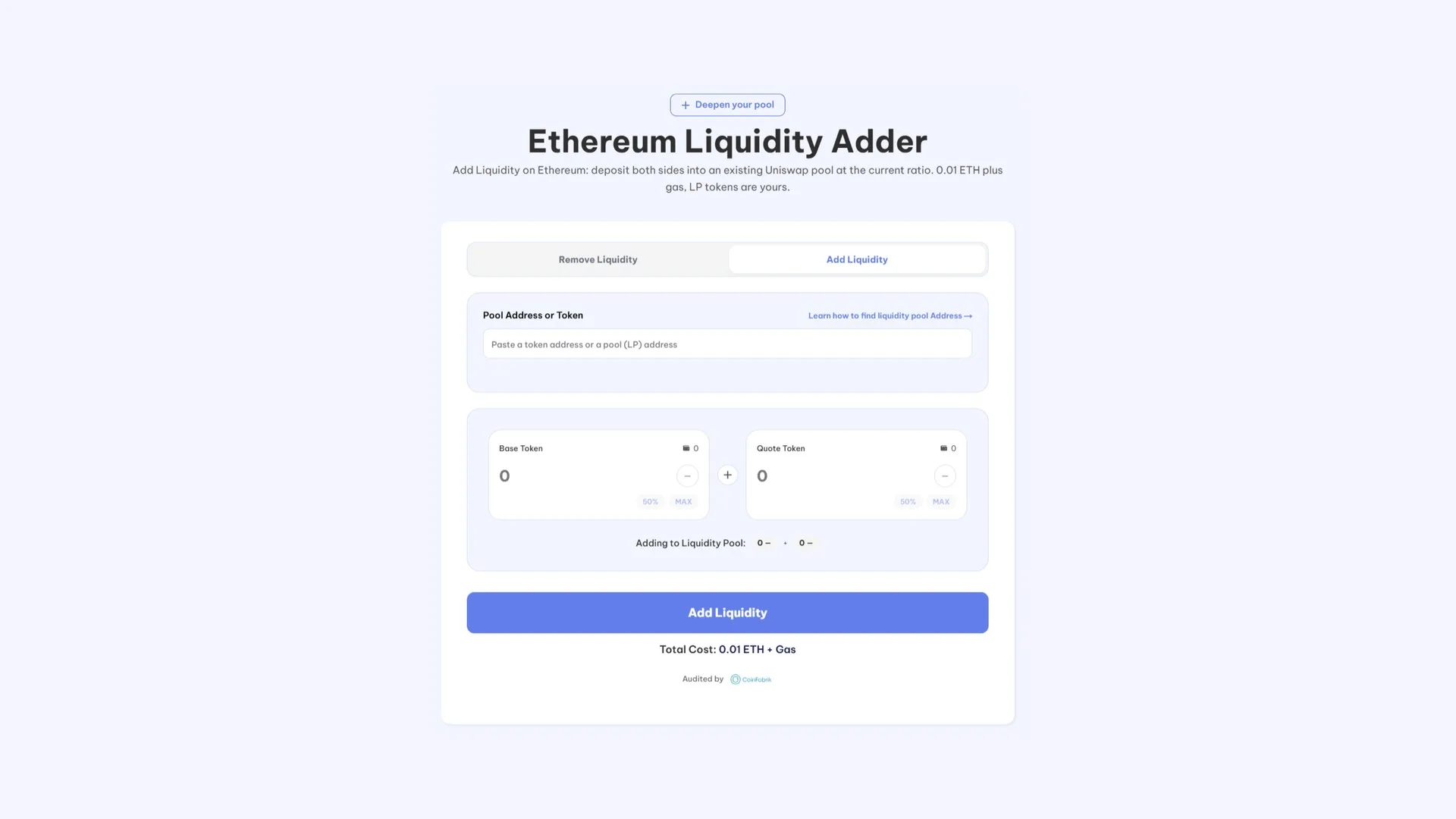 Uniswap'te nasıl likidite eklenir: Smithii'nin Ethereum Liquidity Adder arayüzü, Pool Address or Token, Base Token ve Quote Token alanlarıyla
