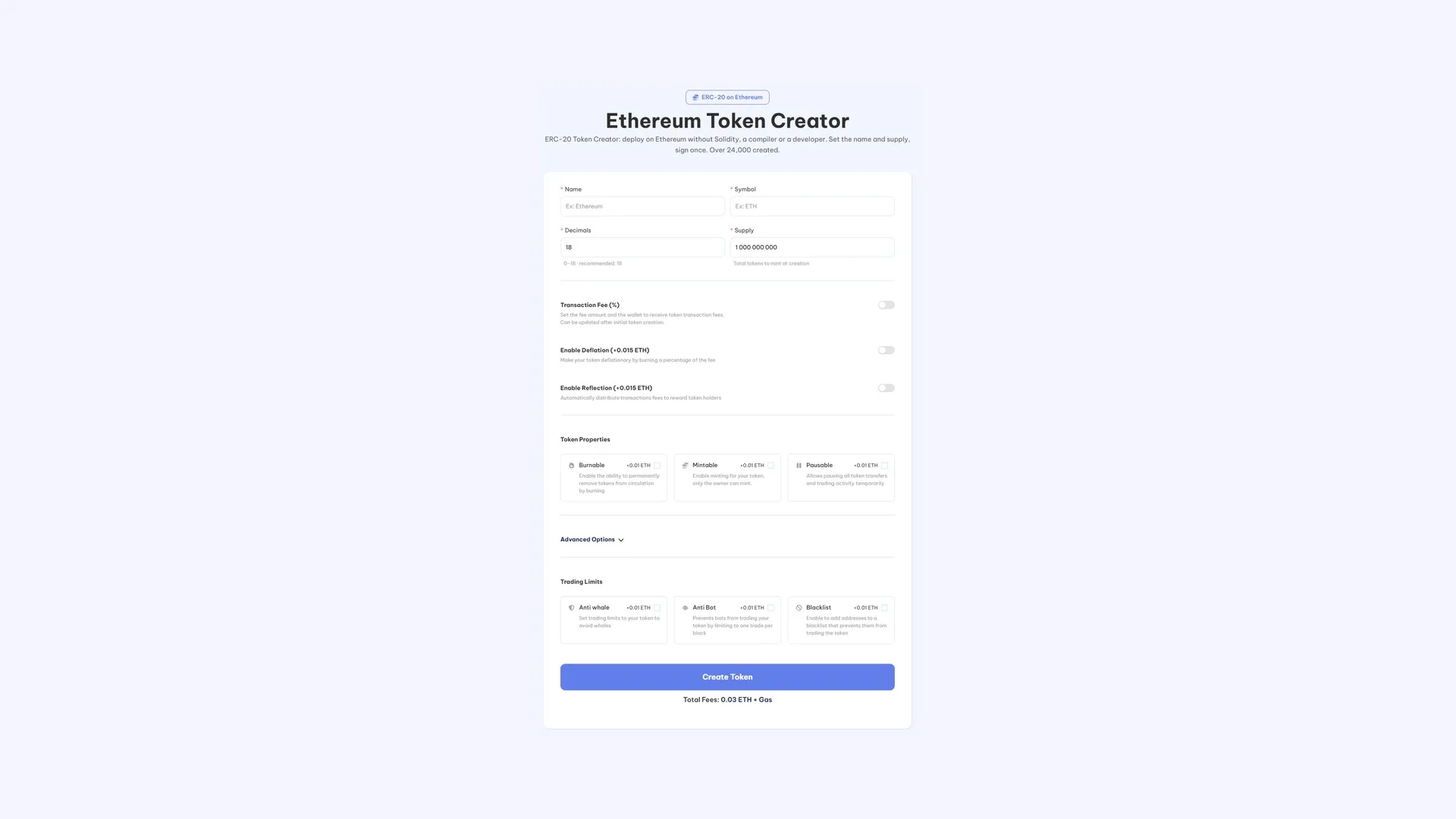 在 Ethereum 上创建 ERC20 代币：Smithii Ethereum Token Creator 表单，包含名称、符号、小数位、供应量和可选的代币属性