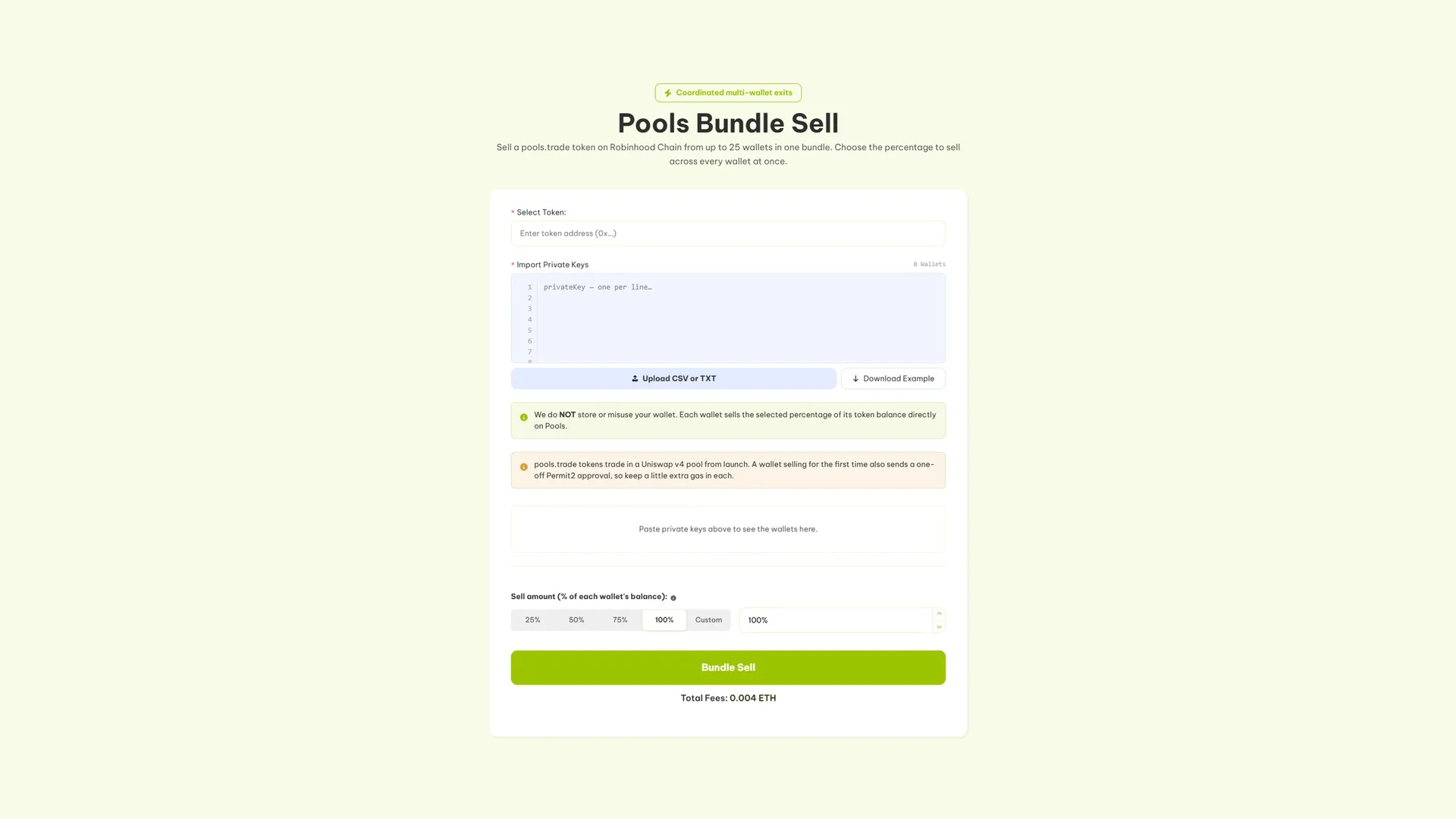 pools bundle sell:Smithii 的 Pools Bundle Sell 界面,支持从最多 25 个 wallet 卖出 pools.trade 上的 token