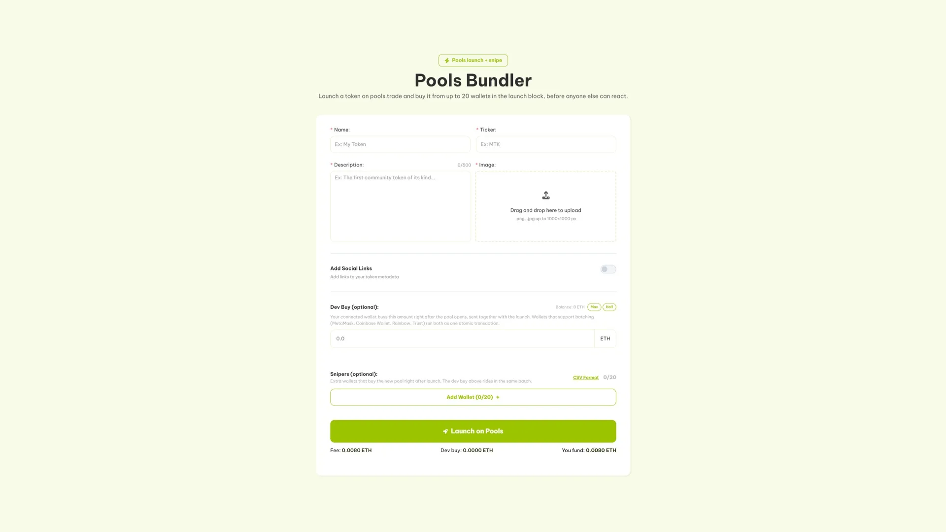 pools bundler：Smithii 的 Pools Bundler 界面，包含 Name、Ticker、Dev Buy 和 Snipers 字段，用于在 pools.trade 上发行