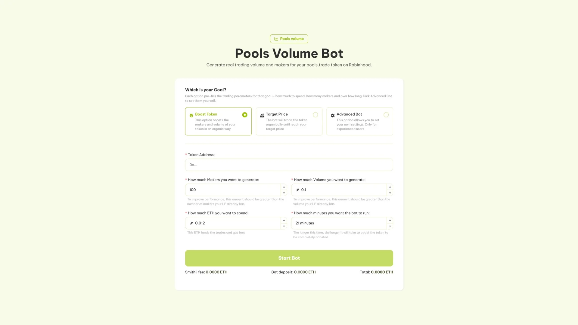 pools volume bot:Smithii 的 Pools Volume Bot 界面,支持 Boost Token、Target Price 和 Advanced Bot 三种模式