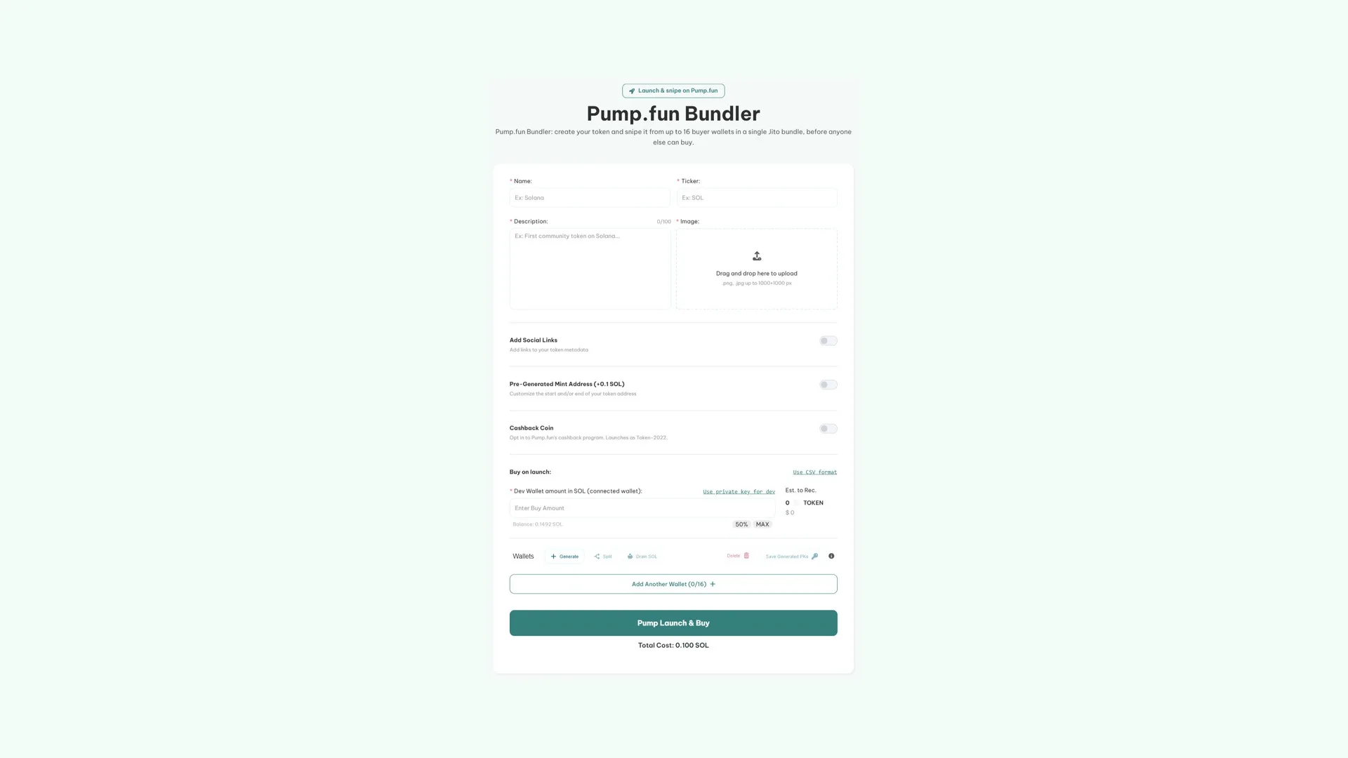 Bundler Bot dari Smithii untuk Pump.fun: interface untuk membuat meme coin di Solana dan menjalankan opening buys dari beberapa wallet dalam satu transaksi