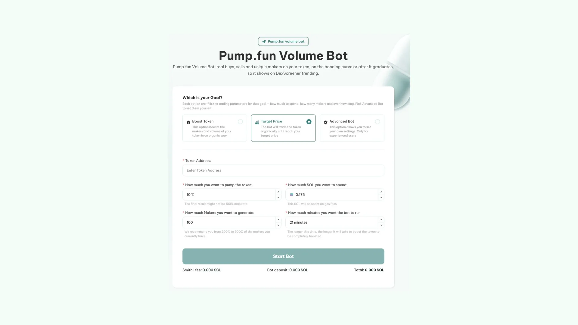 Volume Bot de Pump Fun configurado en modo Target Price / Bumps para subir el precio de un meme coin en Pump Fun