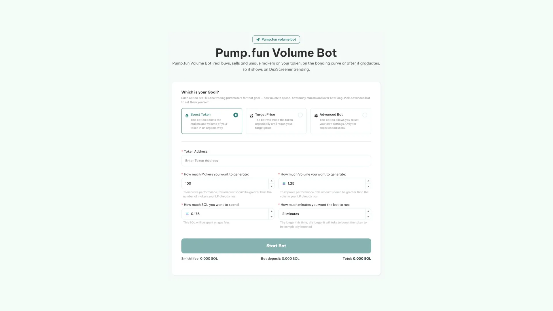 Pump Fun Volume Bot de Smithii: interfaz de la tool con los campos de dirección del token, número de makers, volumen y presupuesto de SOL
