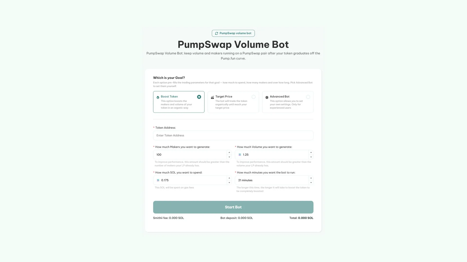 solana-pumpswap-volume-bot-screenshot PumpSwap Volume Bot de Smithii : interface de la tool avec les champs adresse du token, makers, volume et budget SOL