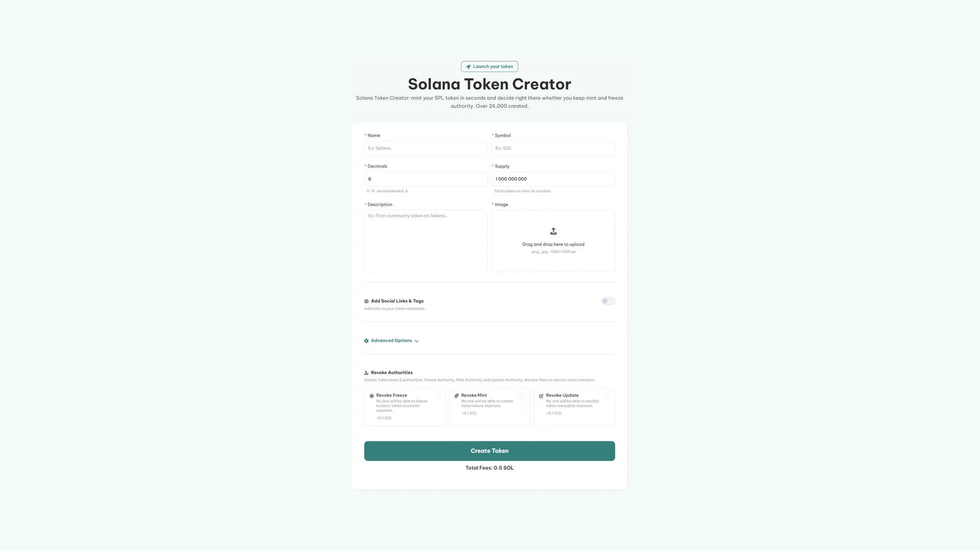 create Solana token: the Smithii Solana Token Creator tool showing name, symbol, decimals, supply, description, image upload and the three revoke authorities
